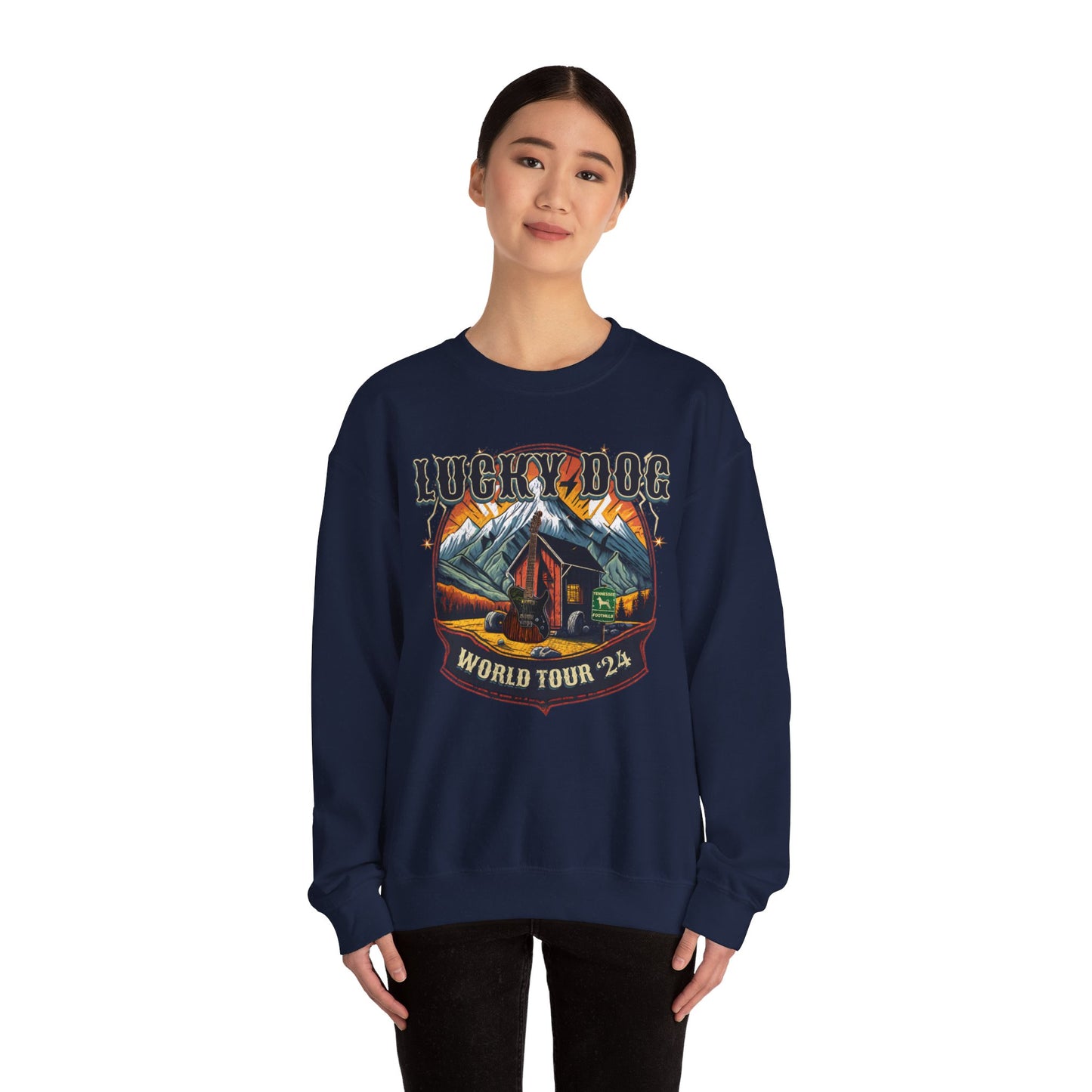 Lucky Dog Guitars Dog Sweatshirt "World Tour 2024" - Heavy blend crewneck. Tennessee America Guitar Company Country Music USA