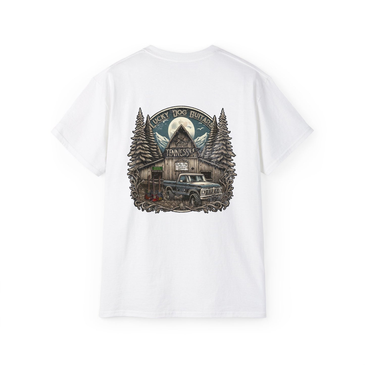 Lucky Dog Guitars "Barn Built" Tennessee T-shirt Mountain Hollow moon outdoors vintage Ford pickup truck custom guitar USA