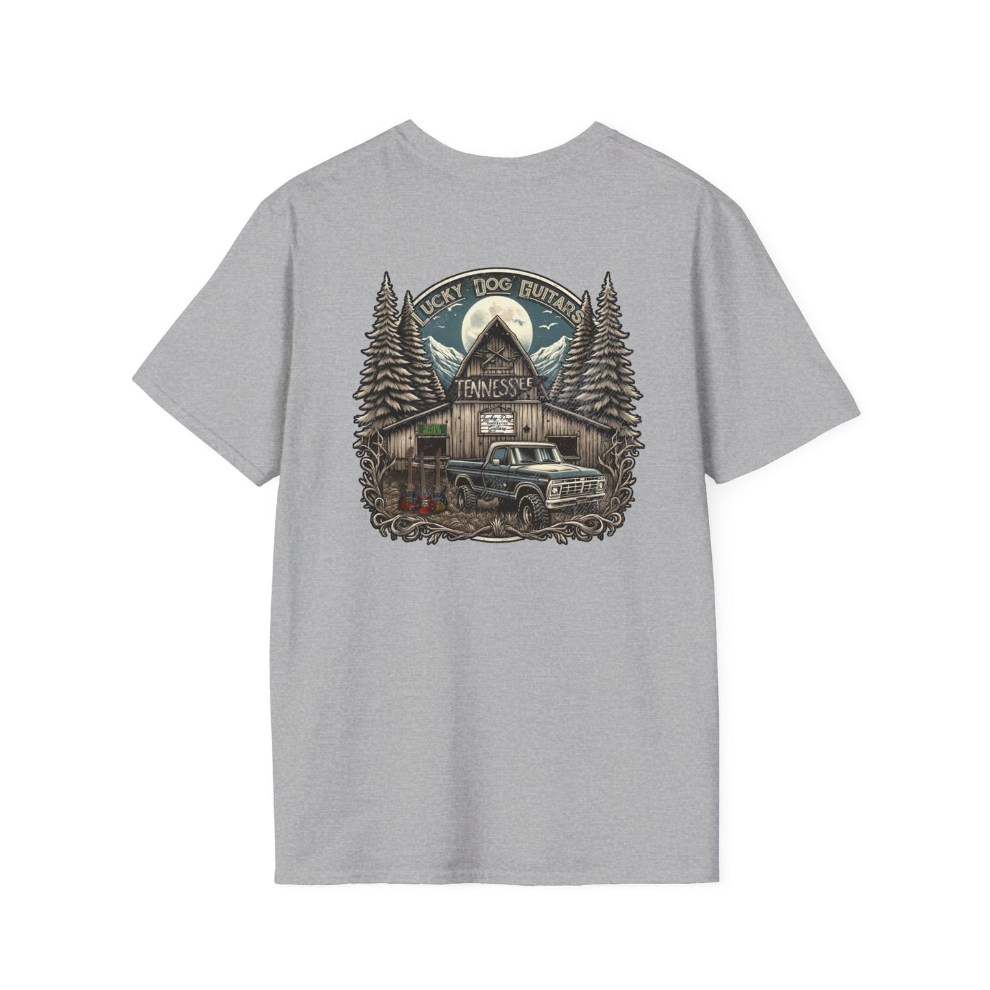 Canada buyers only-Lucky Dog Guitars "Barn Built" Tennessee T-shirt Mountain Hollow moon outdoors vintage Ford pickup truck custom guitar