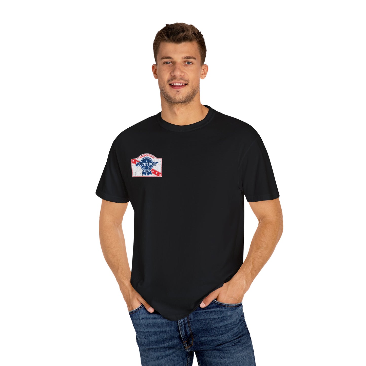 Lucky Dog 2024 Premium Comfort Colors Blue Ribbon Grin Stars Stripes Guitars Rockabilly Honky Tonk T-shirt Tennessee USA