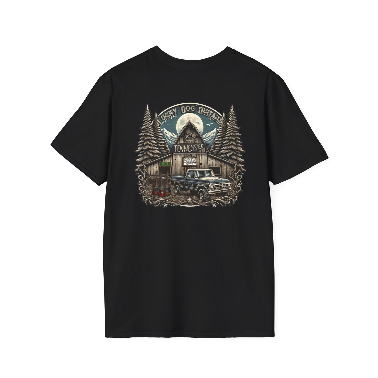 Canada buyers only-Lucky Dog Guitars "Barn Built" Tennessee T-shirt Mountain Hollow moon outdoors vintage Ford pickup truck custom guitar