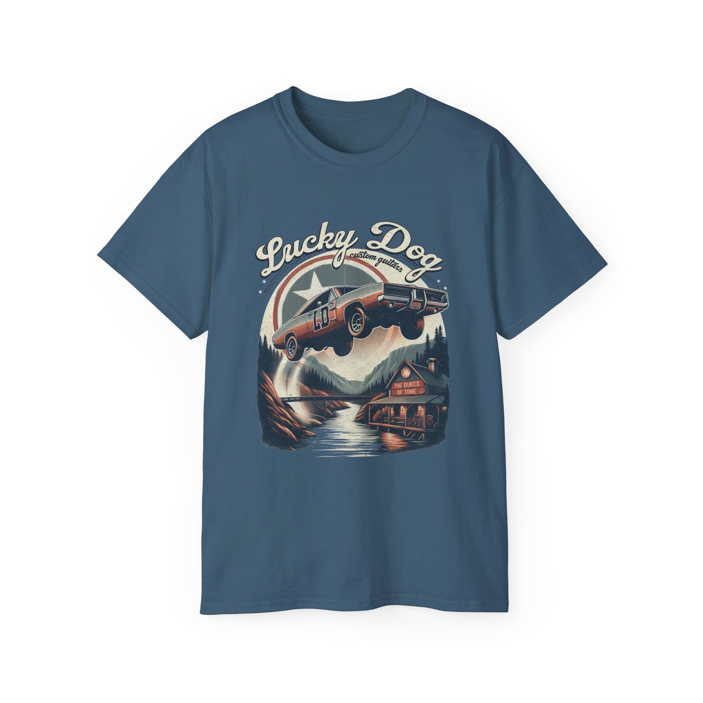 Lucky Dog Guitars - Dukes of Tone - Country music Tennessee T-shirt Mountain Charger vintage General Lee truck guitar hotrod Waylon USA