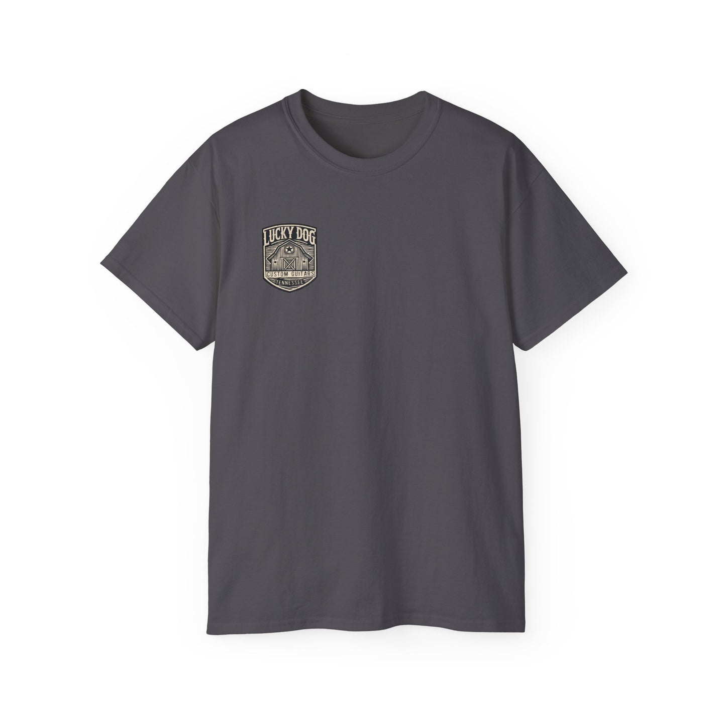 Lucky Dog Guitars "Barn Built" Tennessee T-shirt Mountain Hollow moon outdoors vintage Ford pickup truck custom guitar USA