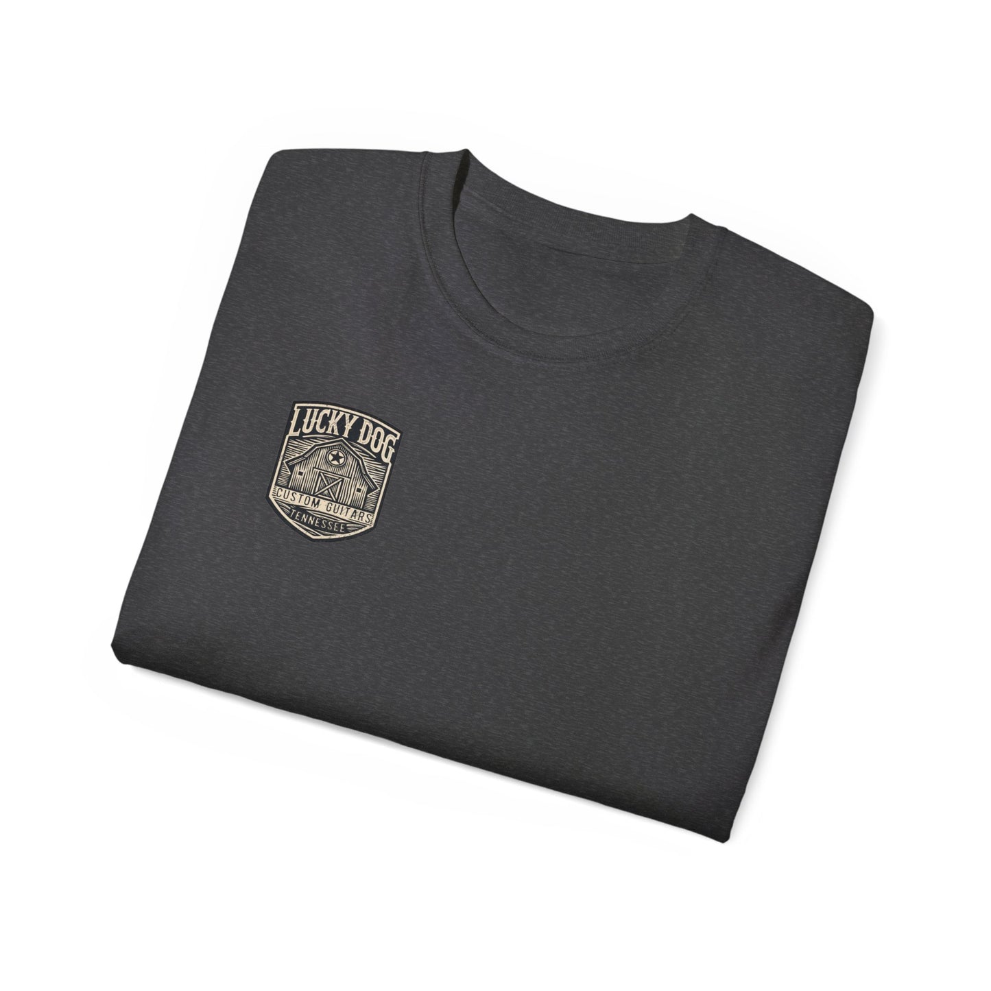 Lucky Dog Guitars "Barn Built" Tennessee T-shirt Mountain Hollow moon outdoors vintage Ford pickup truck custom guitar USA