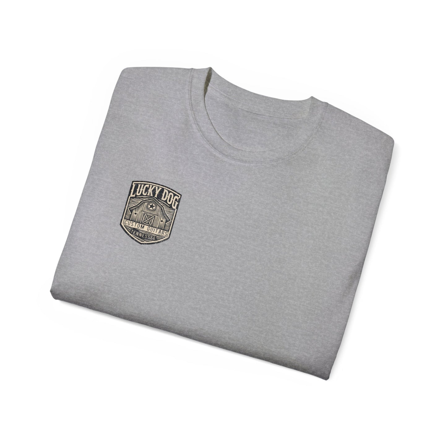 Lucky Dog Guitars "Barn Built" Tennessee T-shirt Mountain Hollow moon outdoors vintage Ford pickup truck custom guitar USA