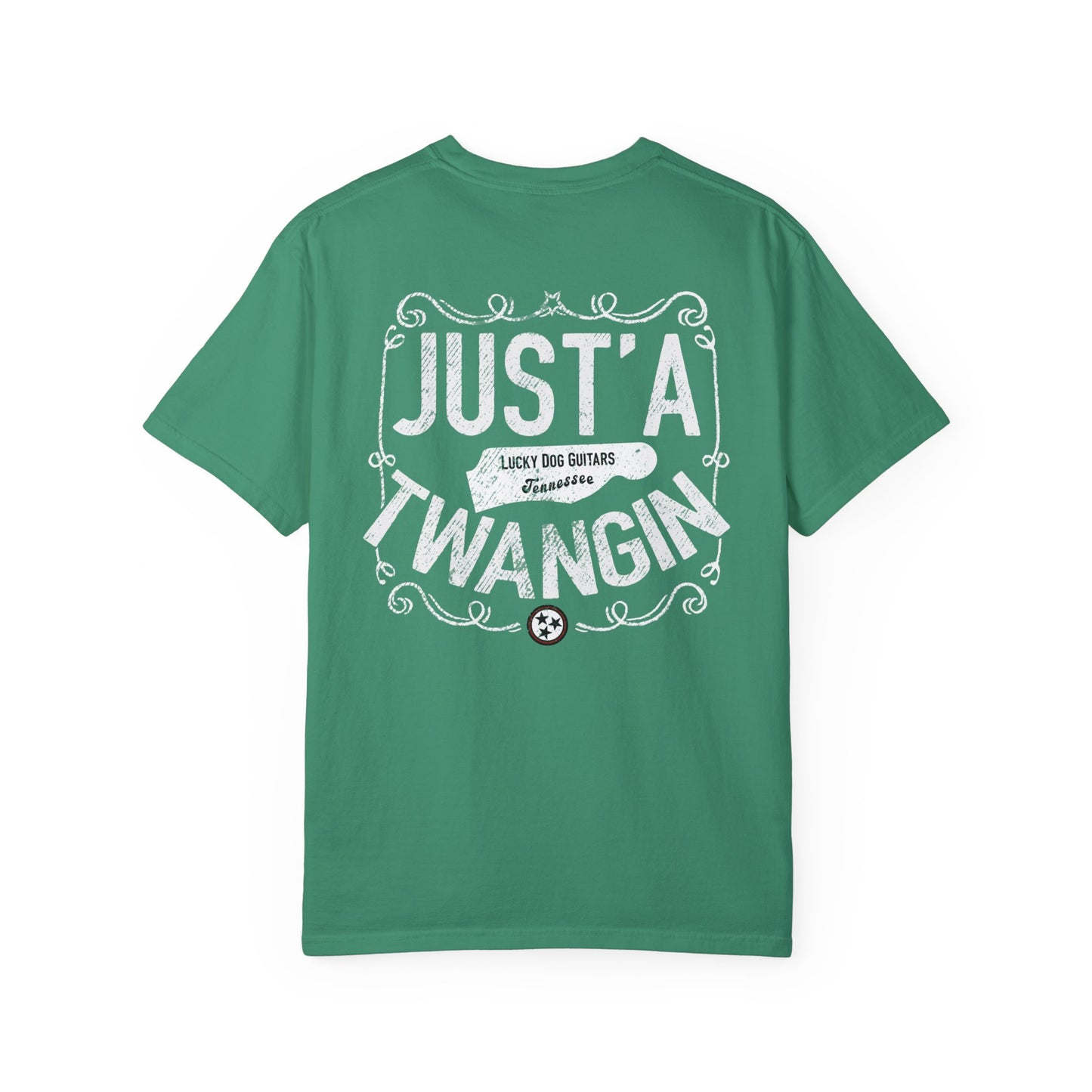 PREMIUM Comfort Colors Lucky Dog Guitars Just'a Twangin T-shirt Tennessee Custom Band Foothills Country Music BigFoot Bluegrass USA
