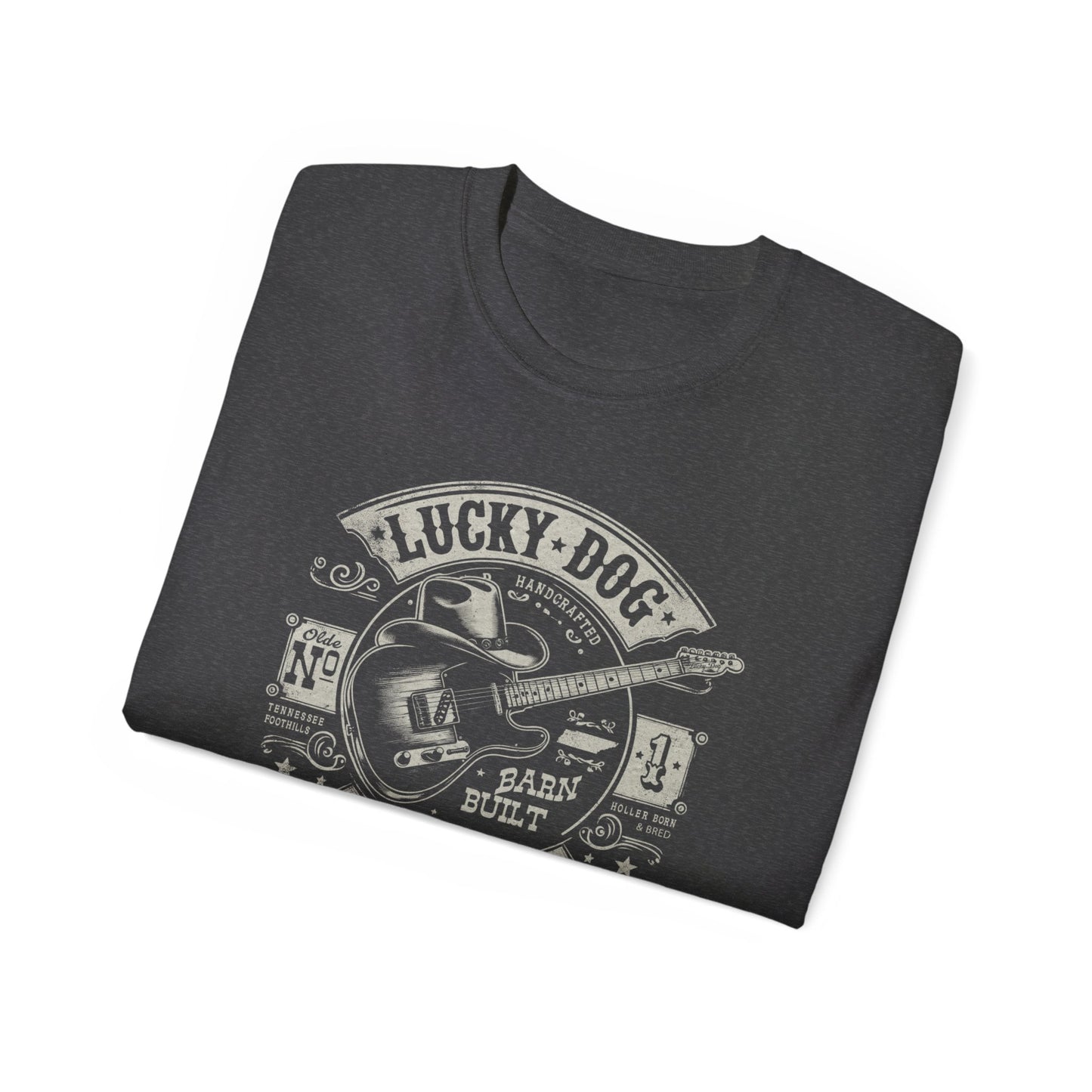 Lucky Dog Guitars - Barn Built Holler Born Bred Country music Tennessee T-shirt Mountain Charger vintage Outlaw Guitars Waylon USA