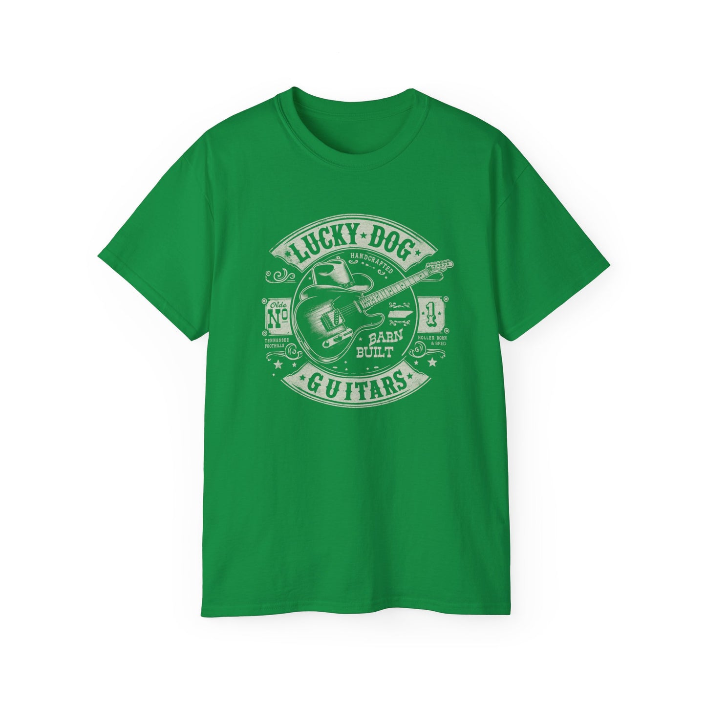 Lucky Dog Guitars - Barn Built Holler Born Bred Country music Tennessee T-shirt Mountain Charger vintage Outlaw Guitars Waylon USA