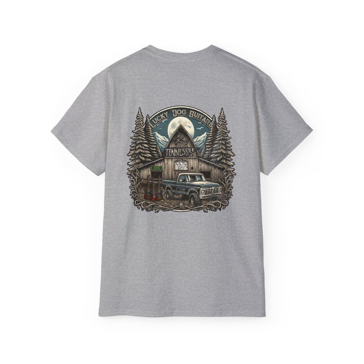 Lucky Dog Guitars "Barn Built" Tennessee T-shirt Mountain Hollow moon outdoors vintage Ford pickup truck custom guitar USA