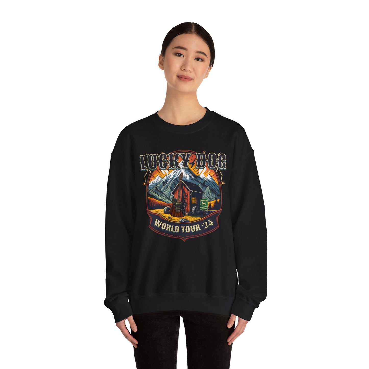 Lucky Dog Guitars Dog Sweatshirt "World Tour 2024" - Heavy blend crewneck. Tennessee America Guitar Company Country Music USA