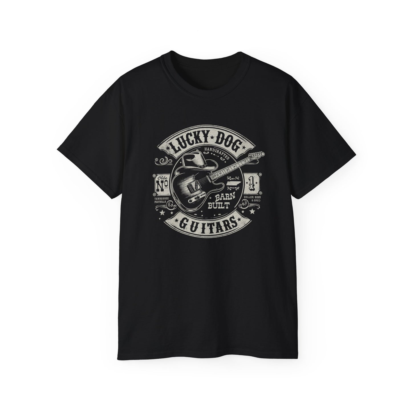 Lucky Dog Guitars - Barn Built Holler Born Bred Country music Tennessee T-shirt Mountain Charger vintage Outlaw Guitars Waylon USA
