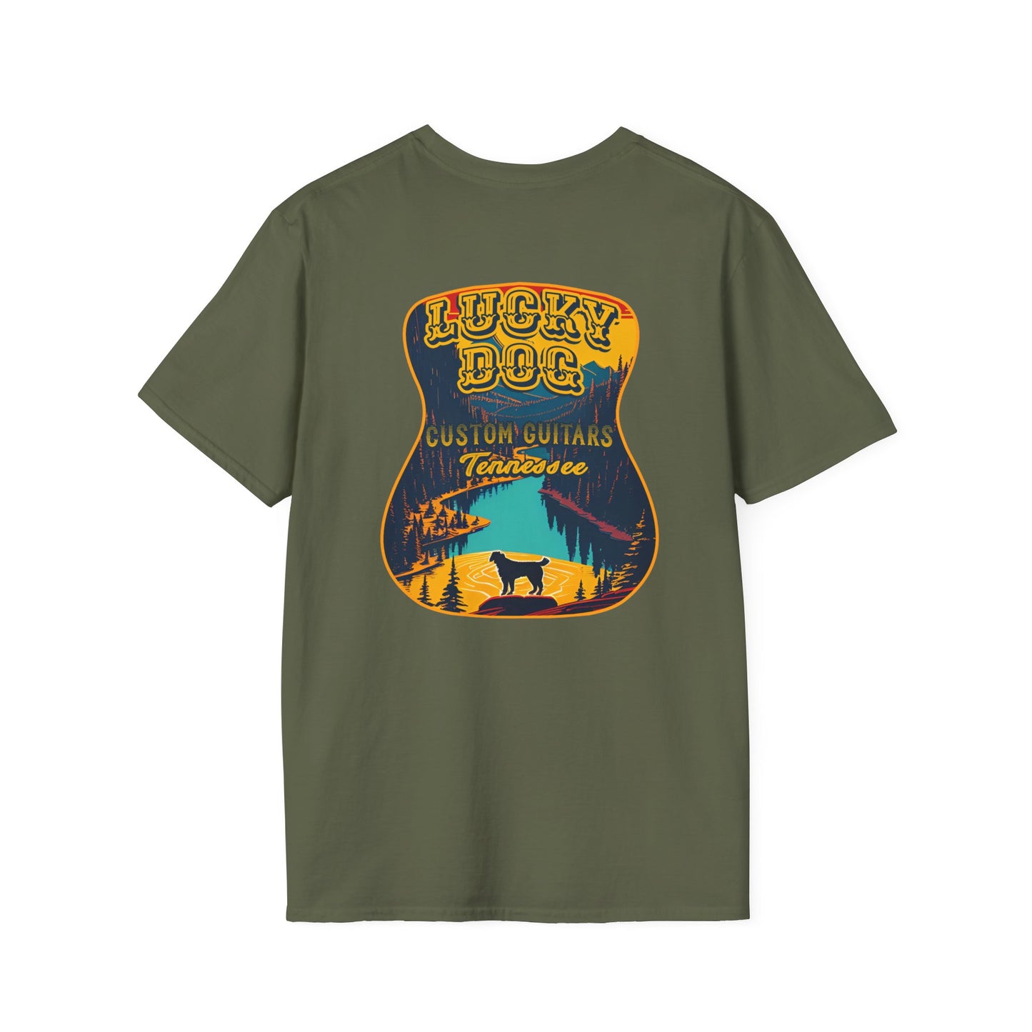 Canada BUYERS ONLY- Lucky Dog Guitars T-shirt Tennessee Mountains Custom Band Concert Hiking Nature BigFoot Big Foot Camping Ford Chevy