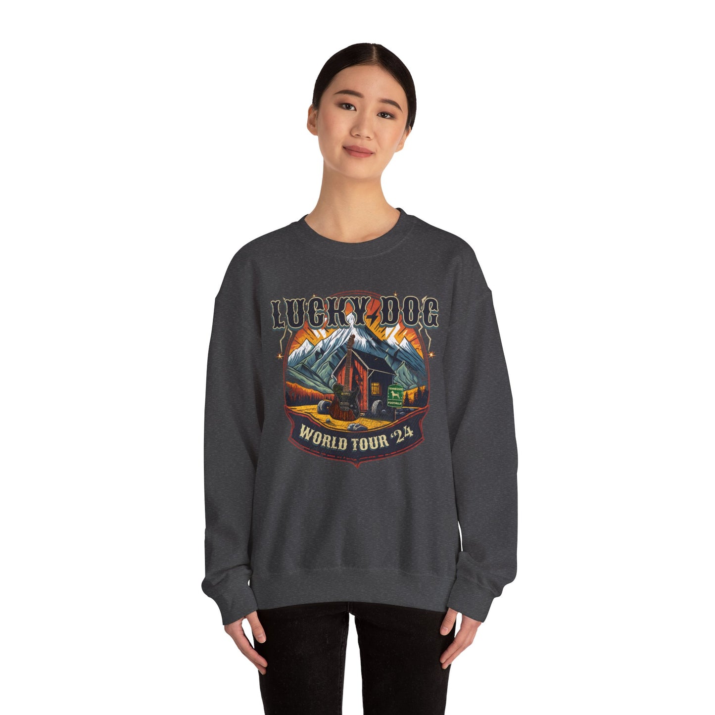 Lucky Dog Guitars Dog Sweatshirt "World Tour 2024" - Heavy blend crewneck. Tennessee America Guitar Company Country Music USA