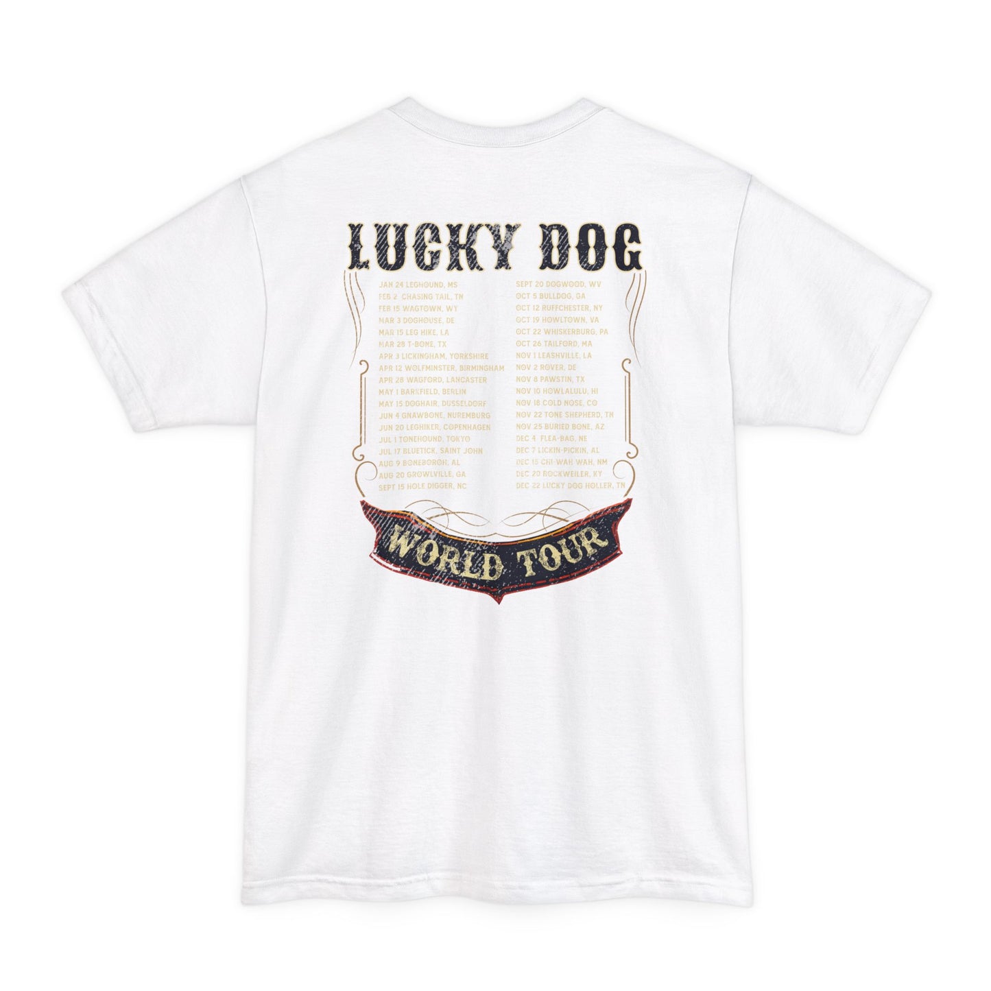 BIG & TALL Lucky Dog World Tour 2024 T-Shirt - Front and Back print 80's Rock Concert Dates Vintage Retro style USA