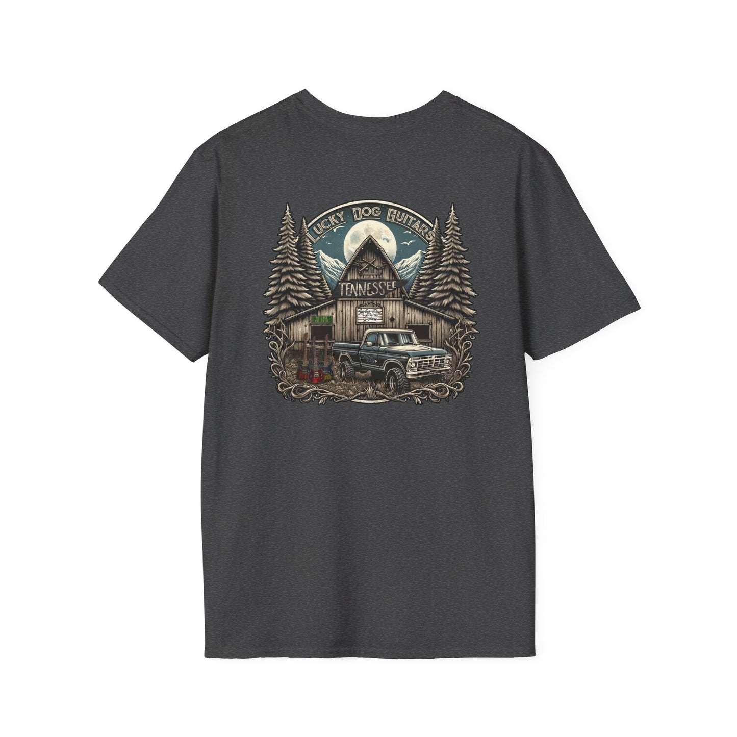 Canada buyers only-Lucky Dog Guitars "Barn Built" Tennessee T-shirt Mountain Hollow moon outdoors vintage Ford pickup truck custom guitar
