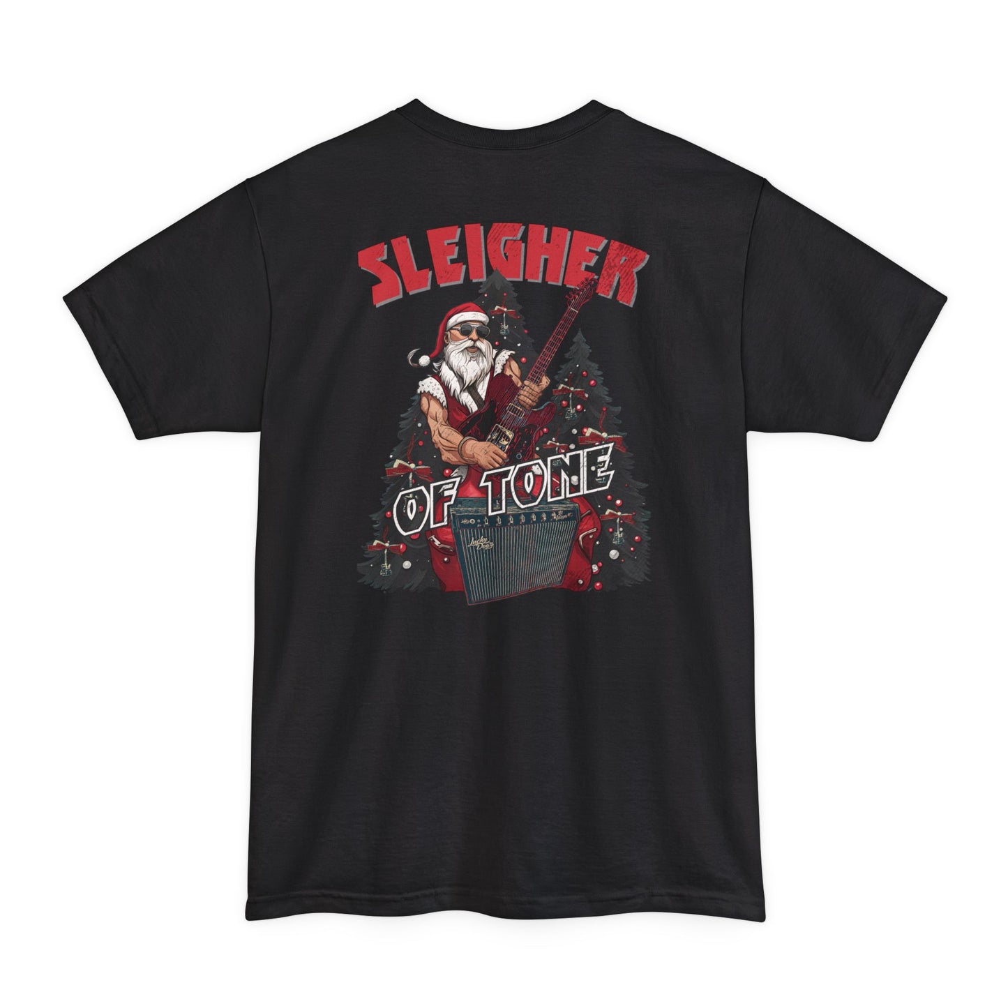 BIG and TALL Lucky Dog Sleigher of Tone (front and back print) T-shirt Guitar Tennessee guitars Santa Rock Roll Christmas XXL 3XL 4XL USA