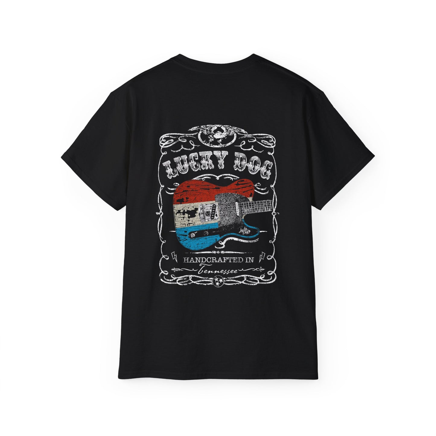 Lucky Dog Guitars (BACK print + Pocket logo) Red White Blue T-shirt Whiskey Label Style Retro Vintage Merica Nashville Guitar Pedal Amp USA
