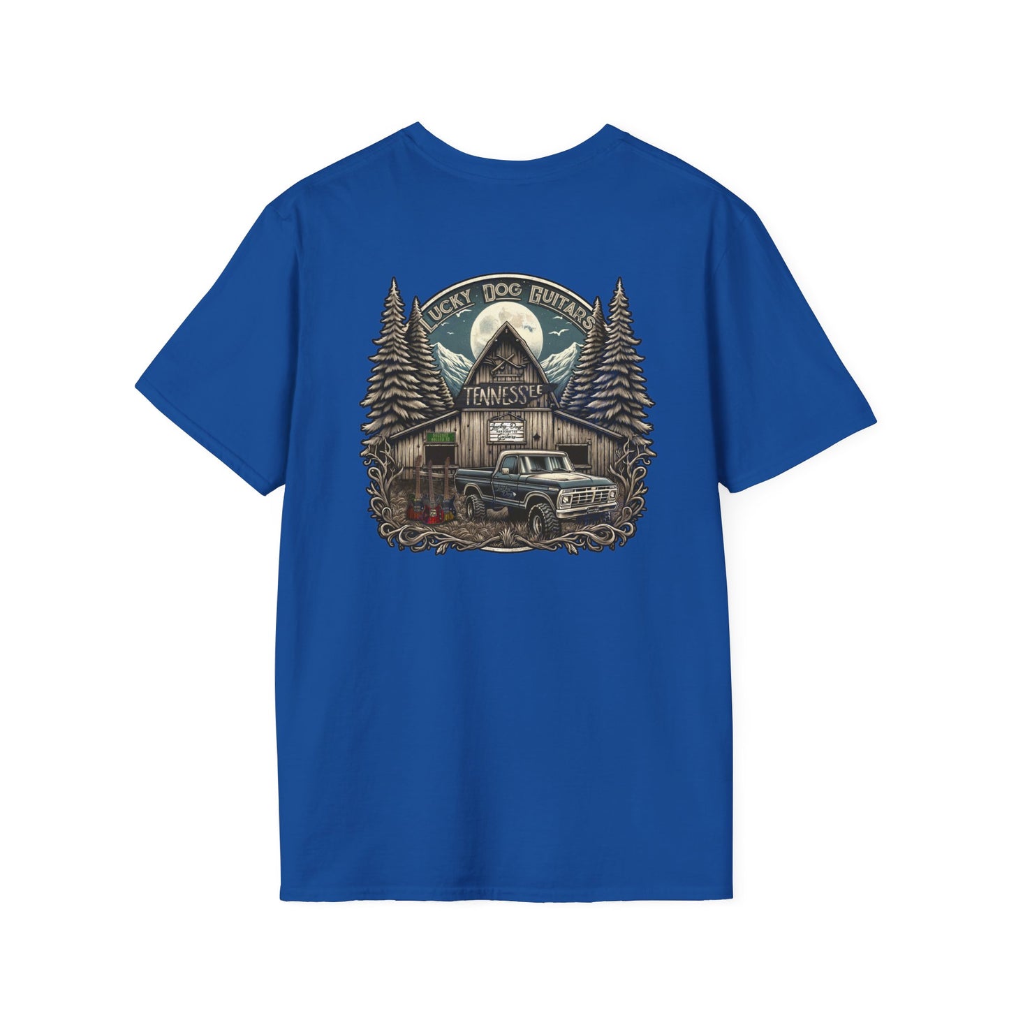 Canada buyers only-Lucky Dog Guitars "Barn Built" Tennessee T-shirt Mountain Hollow moon outdoors vintage Ford pickup truck custom guitar
