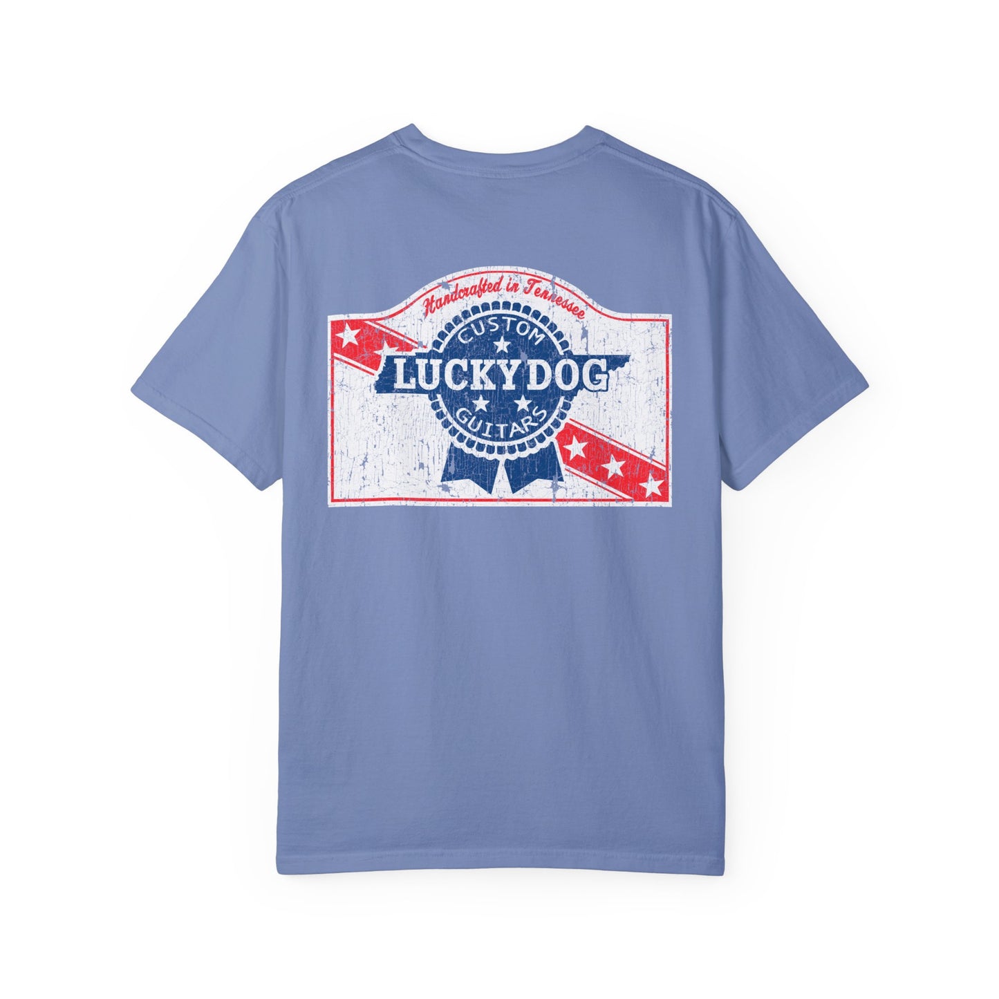 Lucky Dog 2024 Premium Comfort Colors Blue Ribbon Grin Stars Stripes Guitars Rockabilly Honky Tonk T-shirt Tennessee USA