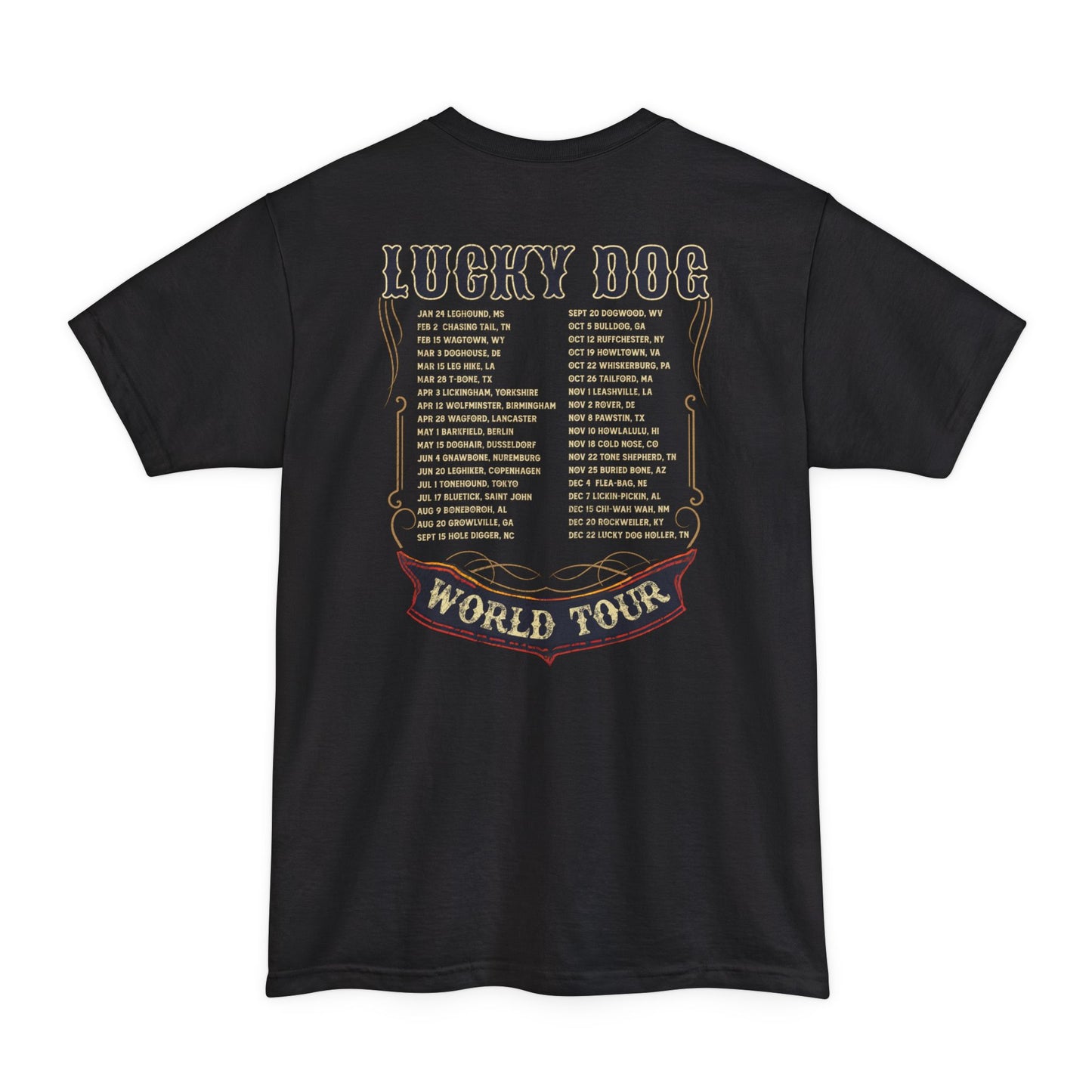 BIG & TALL Lucky Dog World Tour 2024 T-Shirt - Front and Back print 80's Rock Concert Dates Vintage Retro style USA