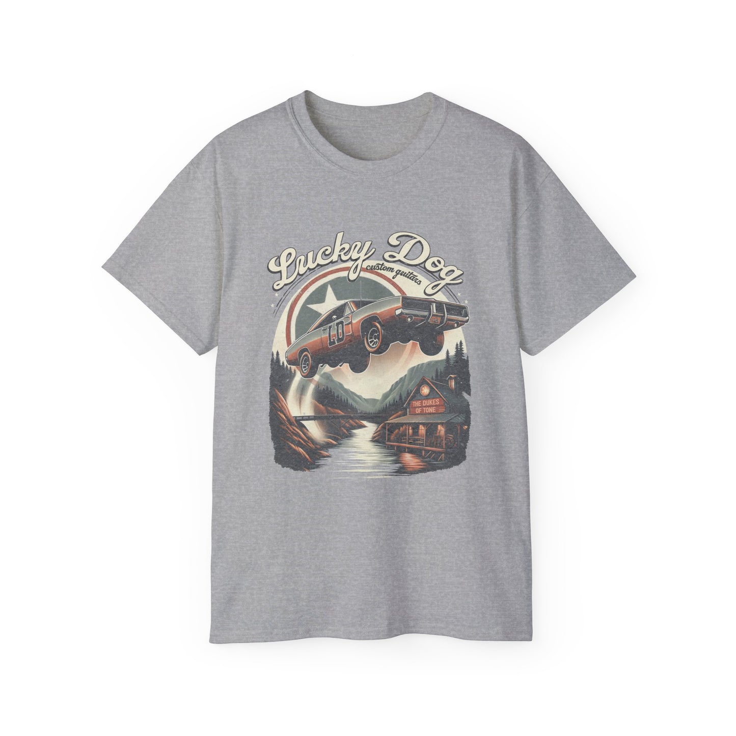 Lucky Dog Guitars - Dukes of Tone - Country music Tennessee T-shirt Mountain Charger vintage General Lee truck guitar hotrod Waylon USA