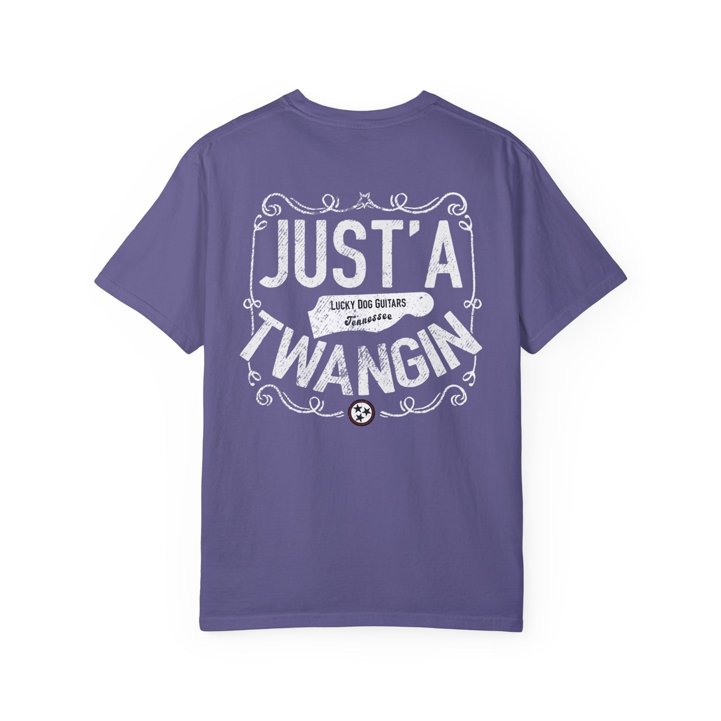 PREMIUM Comfort Colors Lucky Dog Guitars Just'a Twangin T-shirt Tennessee Custom Band Foothills Country Music BigFoot Bluegrass USA