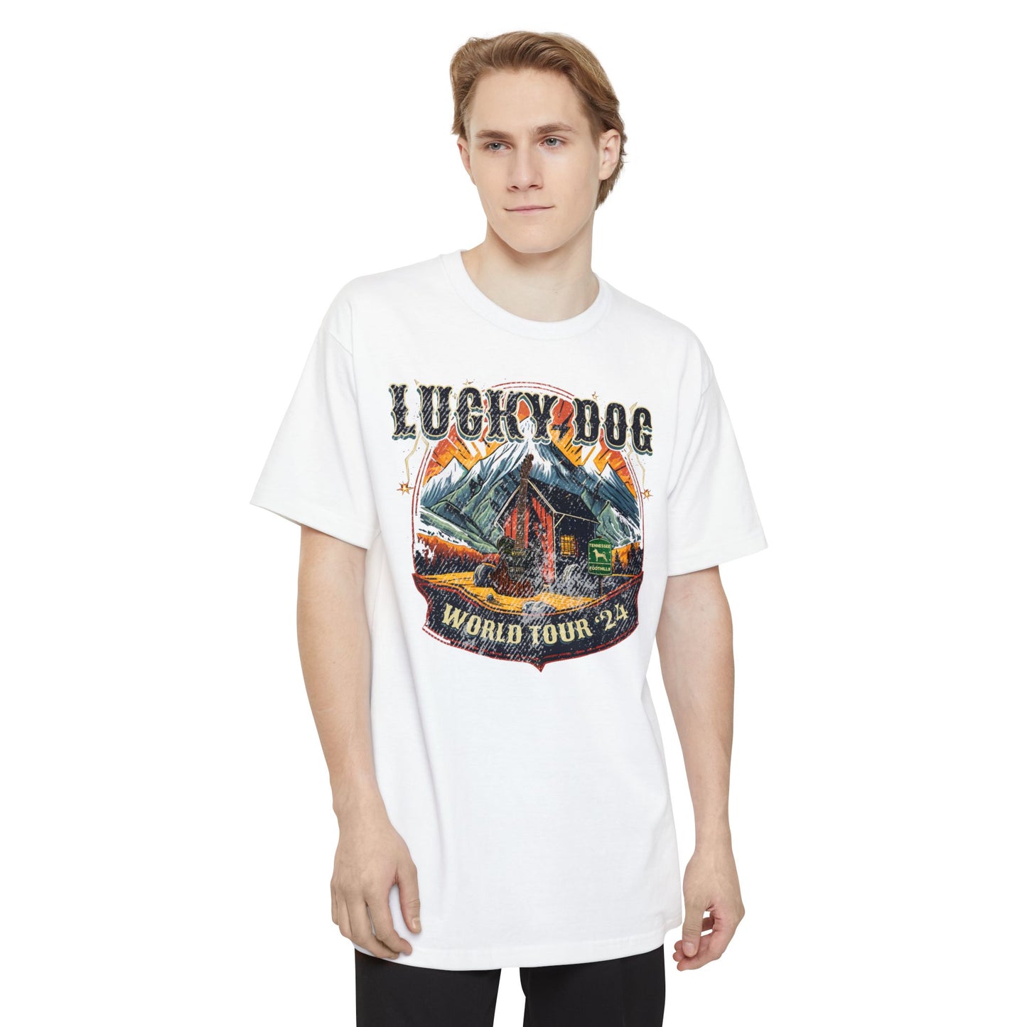 BIG & TALL Lucky Dog World Tour 2024 T-Shirt - Front and Back print 80's Rock Concert Dates Vintage Retro style USA