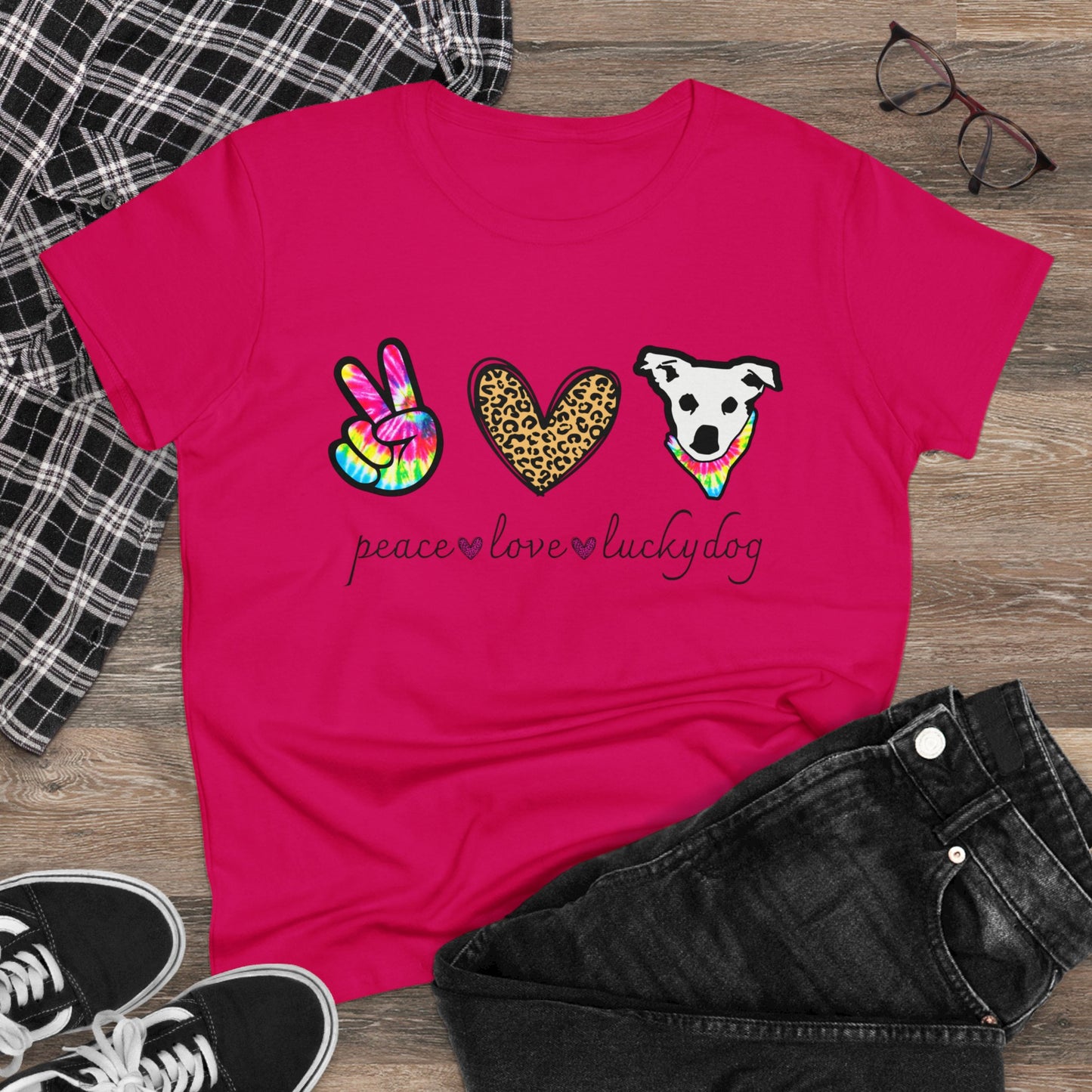 Lucky Dog Guitars - Ladies T - Peace Love & Lucky Dog - Girls Womens Cut Semi-Fitted T-shirt Tee USA