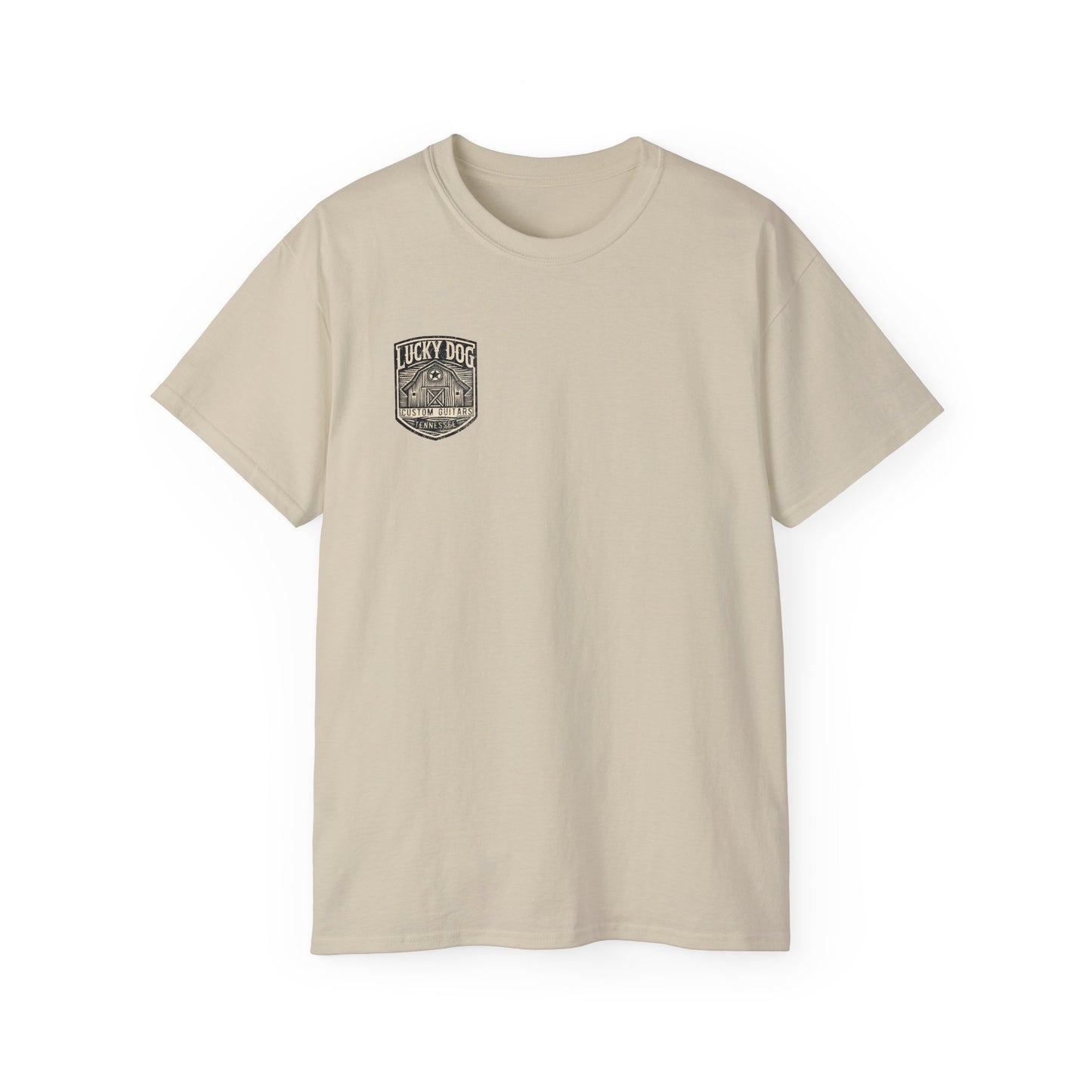Lucky Dog Guitars "Barn Built" Tennessee T-shirt Mountain Hollow moon outdoors vintage Ford pickup truck custom guitar USA