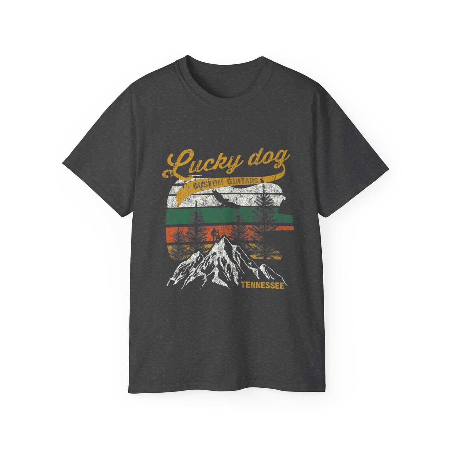Lucky Dog 2020 (FRONT PRINT) Foothills Mountain Man Guitars Retro T-shirt Custom Guitar Tennessee USA