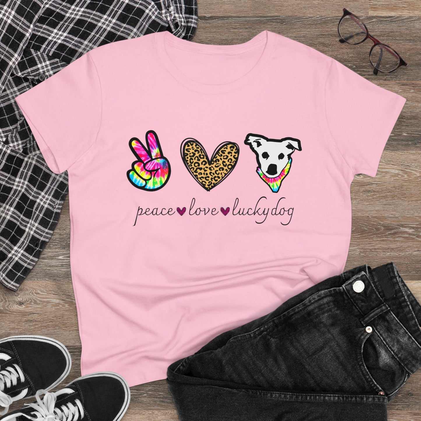 Lucky Dog Guitars - Ladies T - Peace Love & Lucky Dog - Girls Womens Cut Semi-Fitted T-shirt Tee USA
