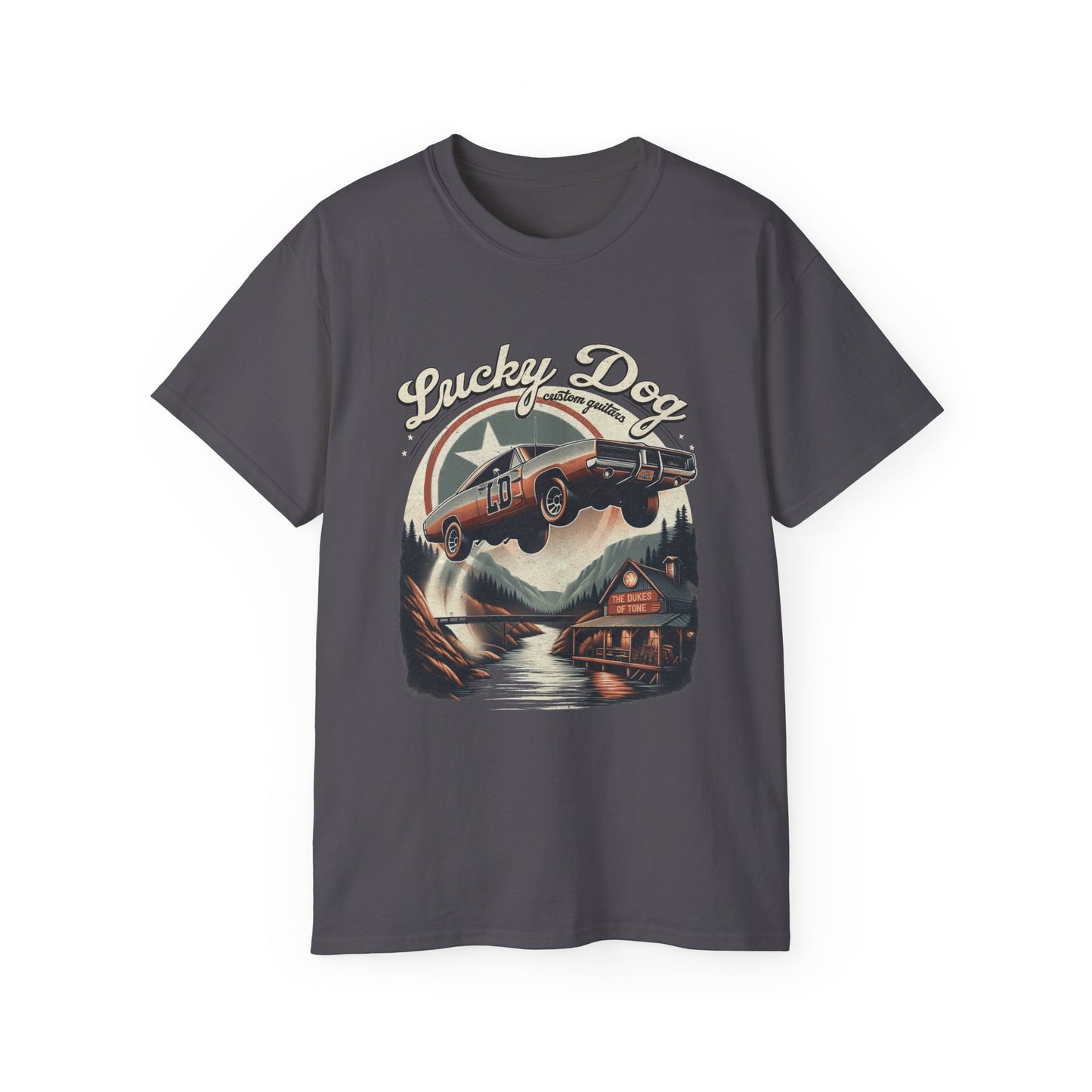 Lucky Dog Guitars - Dukes of Tone - Country music Tennessee T-shirt Mountain Charger vintage General Lee truck guitar hotrod Waylon USA