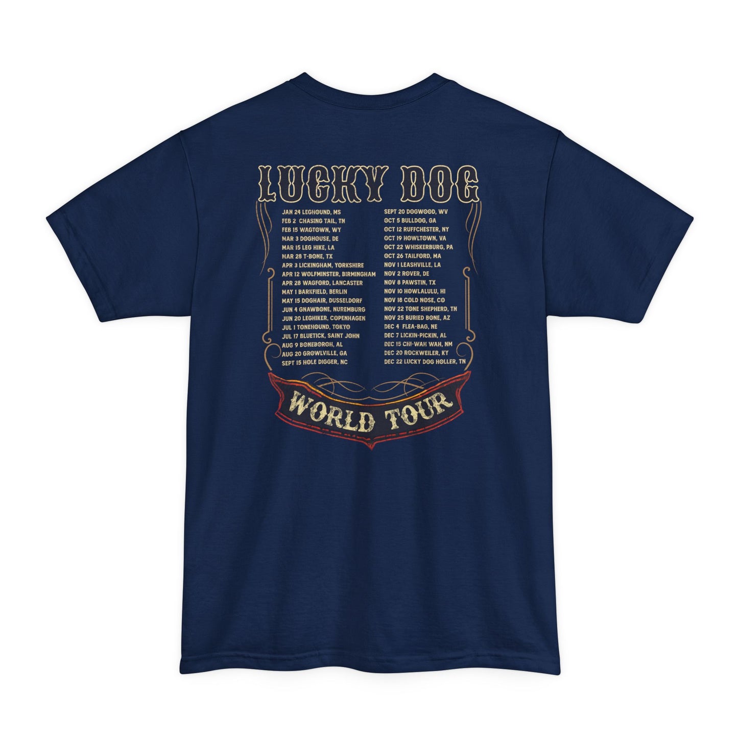 BIG & TALL Lucky Dog World Tour 2024 T-Shirt - Front and Back print 80's Rock Concert Dates Vintage Retro style USA
