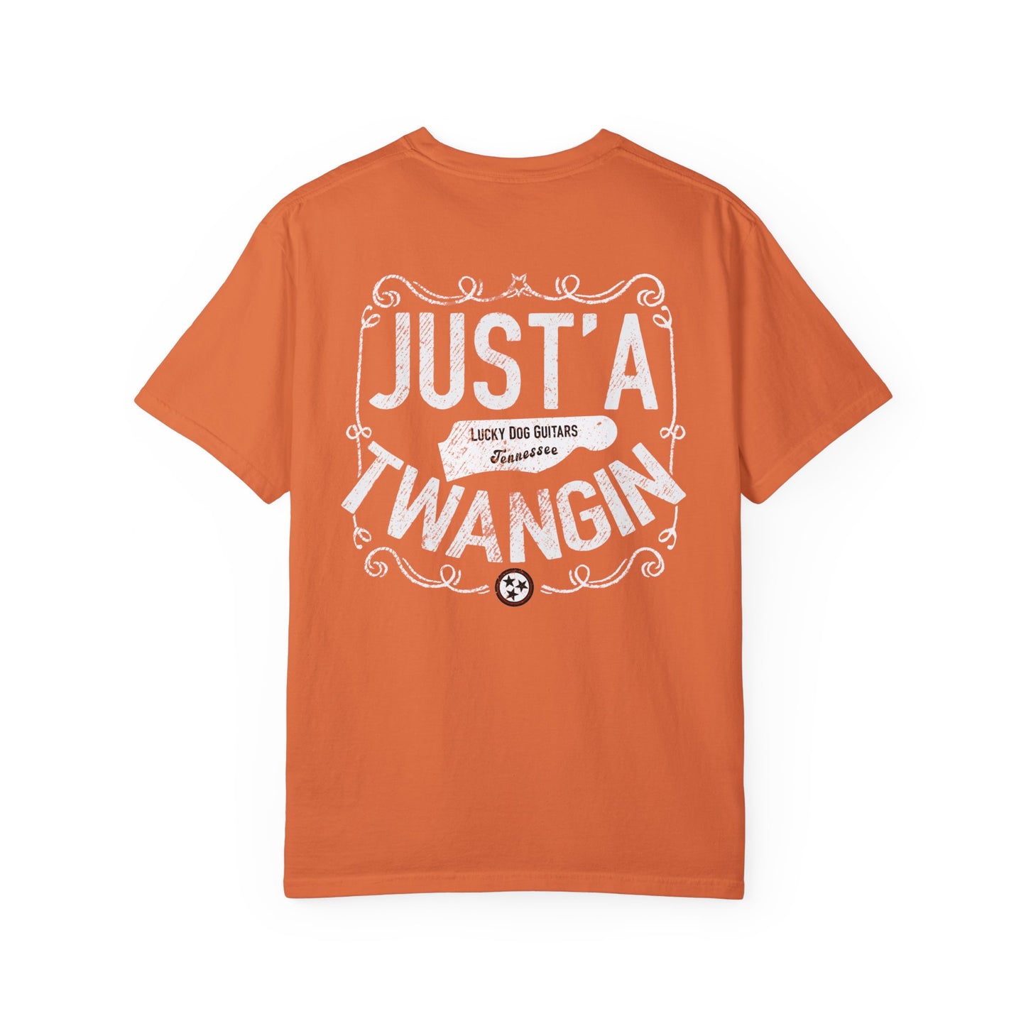 PREMIUM Comfort Colors Lucky Dog Guitars Just'a Twangin T-shirt Tennessee Custom Band Foothills Country Music BigFoot Bluegrass USA