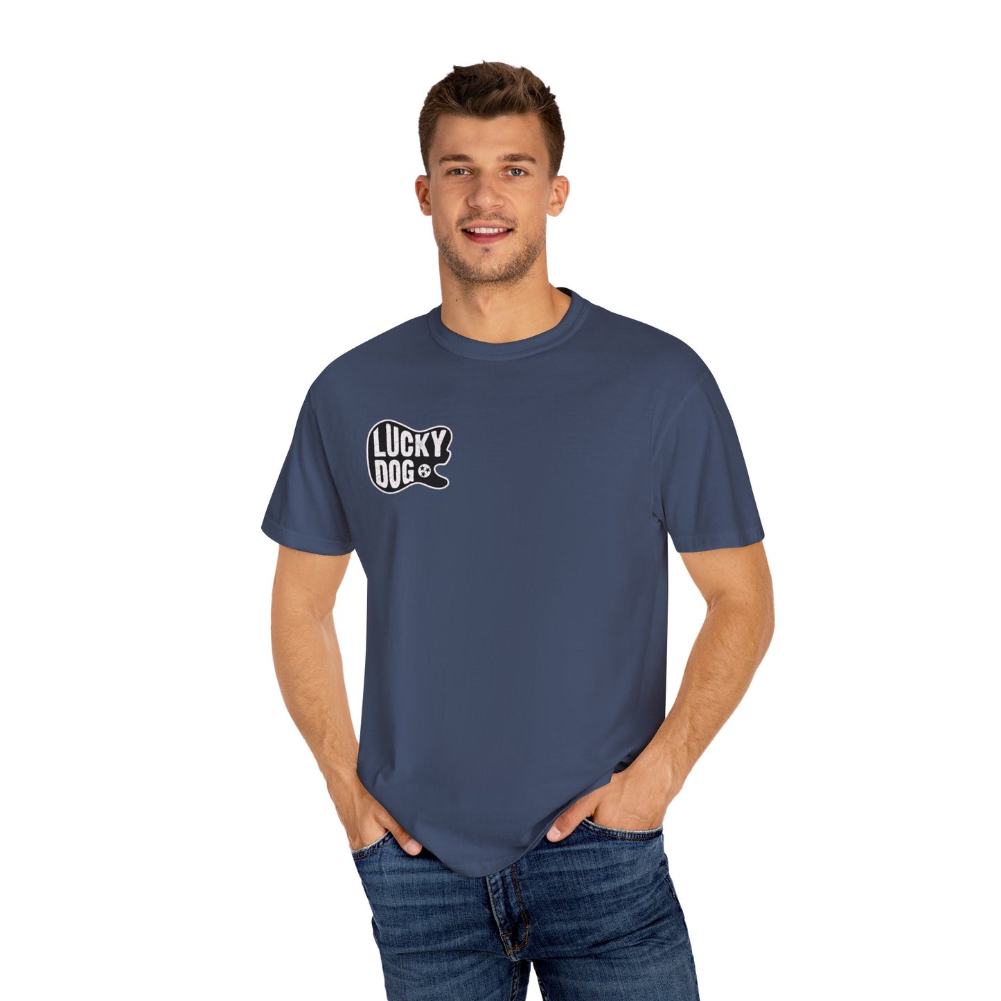 PREMIUM Comfort Colors Lucky Dog Guitars Just'a Twangin T-shirt Tennessee Custom Band Foothills Country Music BigFoot Bluegrass USA