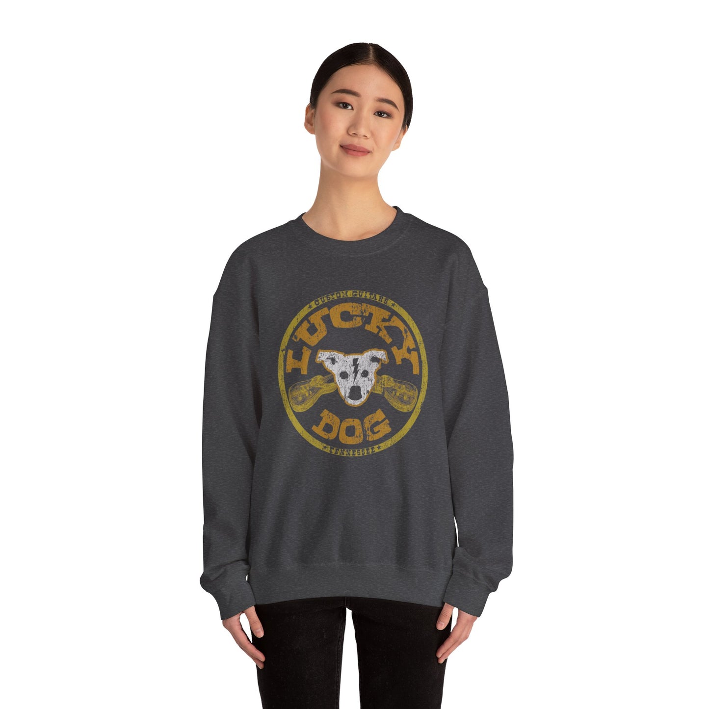 UK Buyers ONLY- Lucky Dog Guitars Dog-Head Logo Sweatshirt - Heavy blend crewneck. Tennessee America Guitar Company Country Music USA