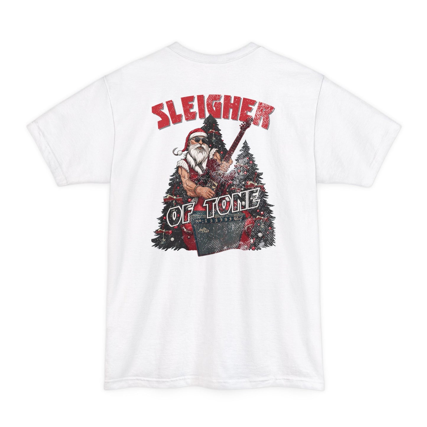 BIG and TALL Lucky Dog Sleigher of Tone (front and back print) T-shirt Guitar Tennessee guitars Santa Rock Roll Christmas XXL 3XL 4XL USA