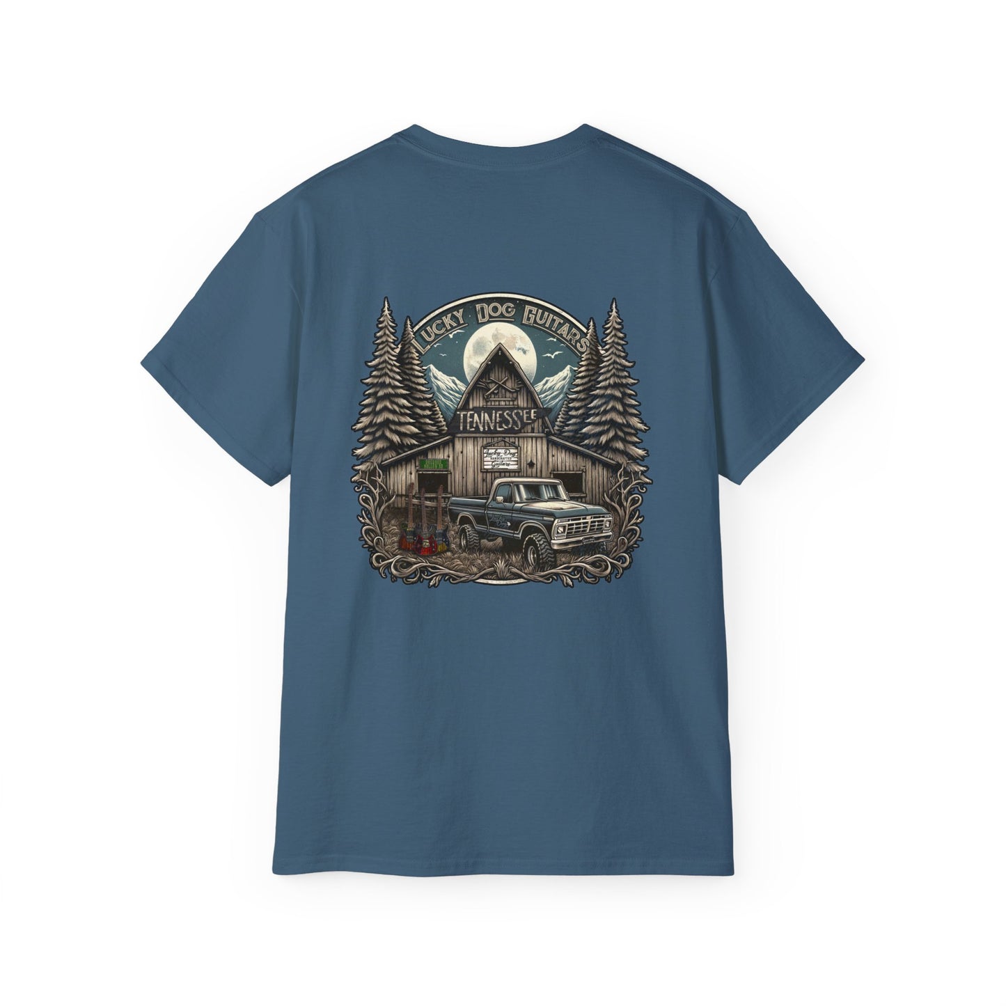 Lucky Dog Guitars "Barn Built" Tennessee T-shirt Mountain Hollow moon outdoors vintage Ford pickup truck custom guitar USA
