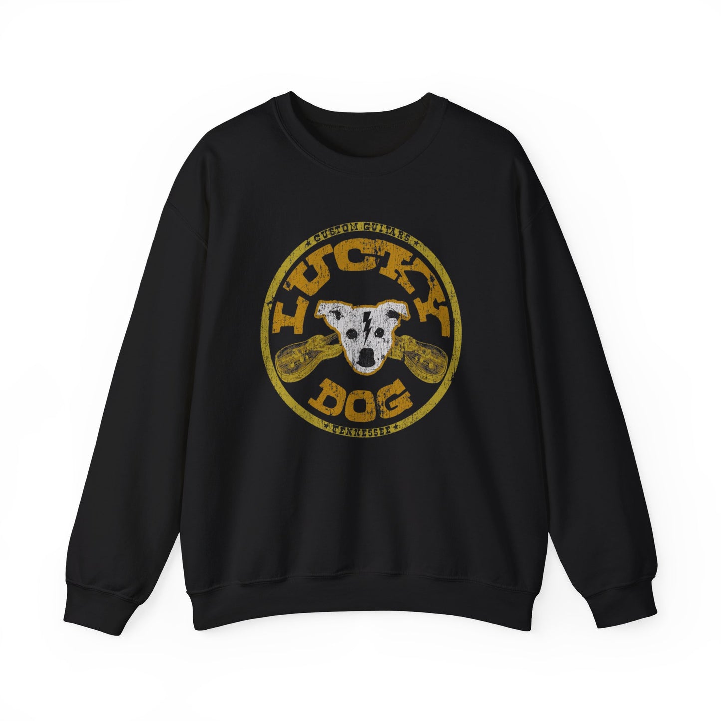 UK Buyers ONLY- Lucky Dog Guitars Dog-Head Logo Sweatshirt - Heavy blend crewneck. Tennessee America Guitar Company Country Music USA