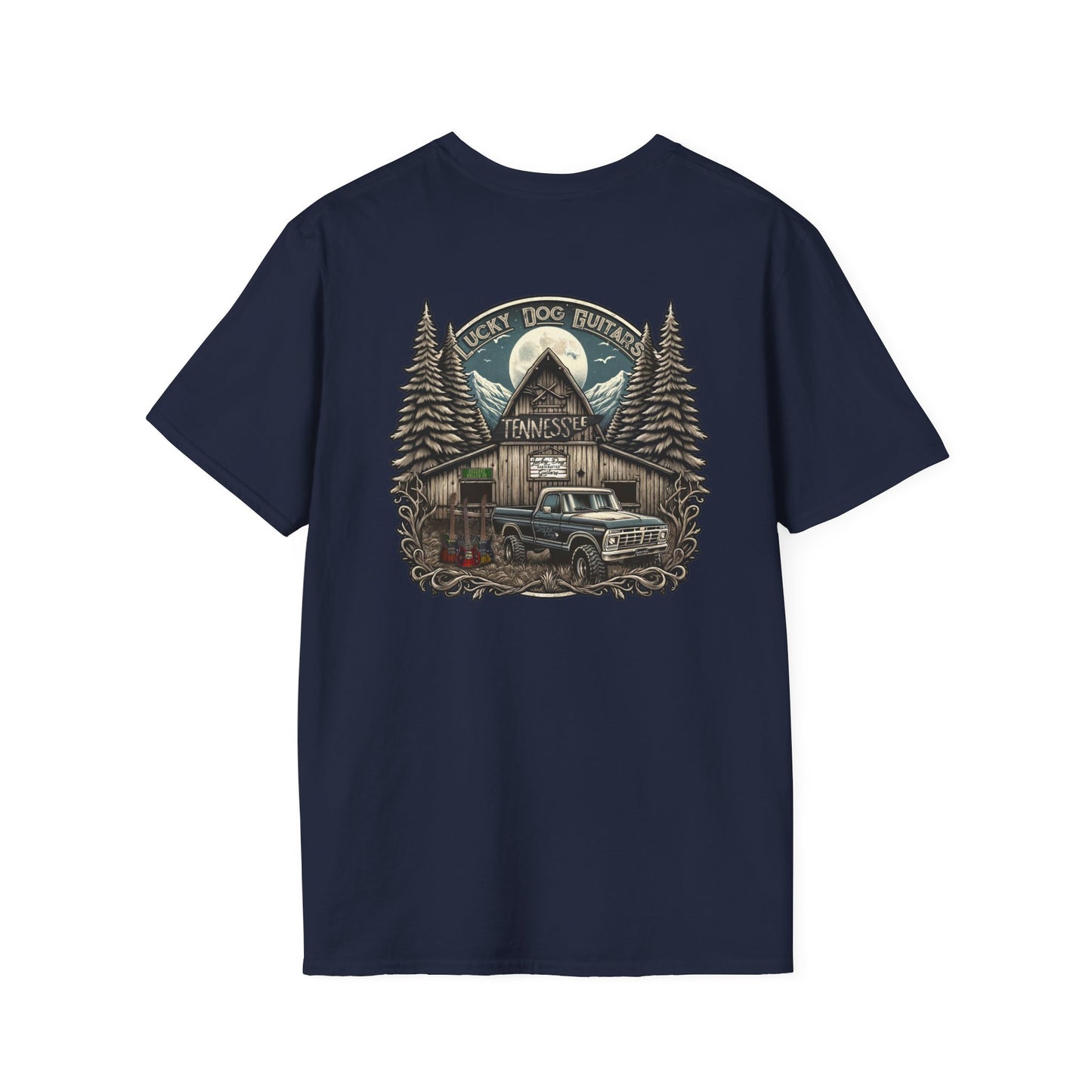 Canada buyers only-Lucky Dog Guitars "Barn Built" Tennessee T-shirt Mountain Hollow moon outdoors vintage Ford pickup truck custom guitar