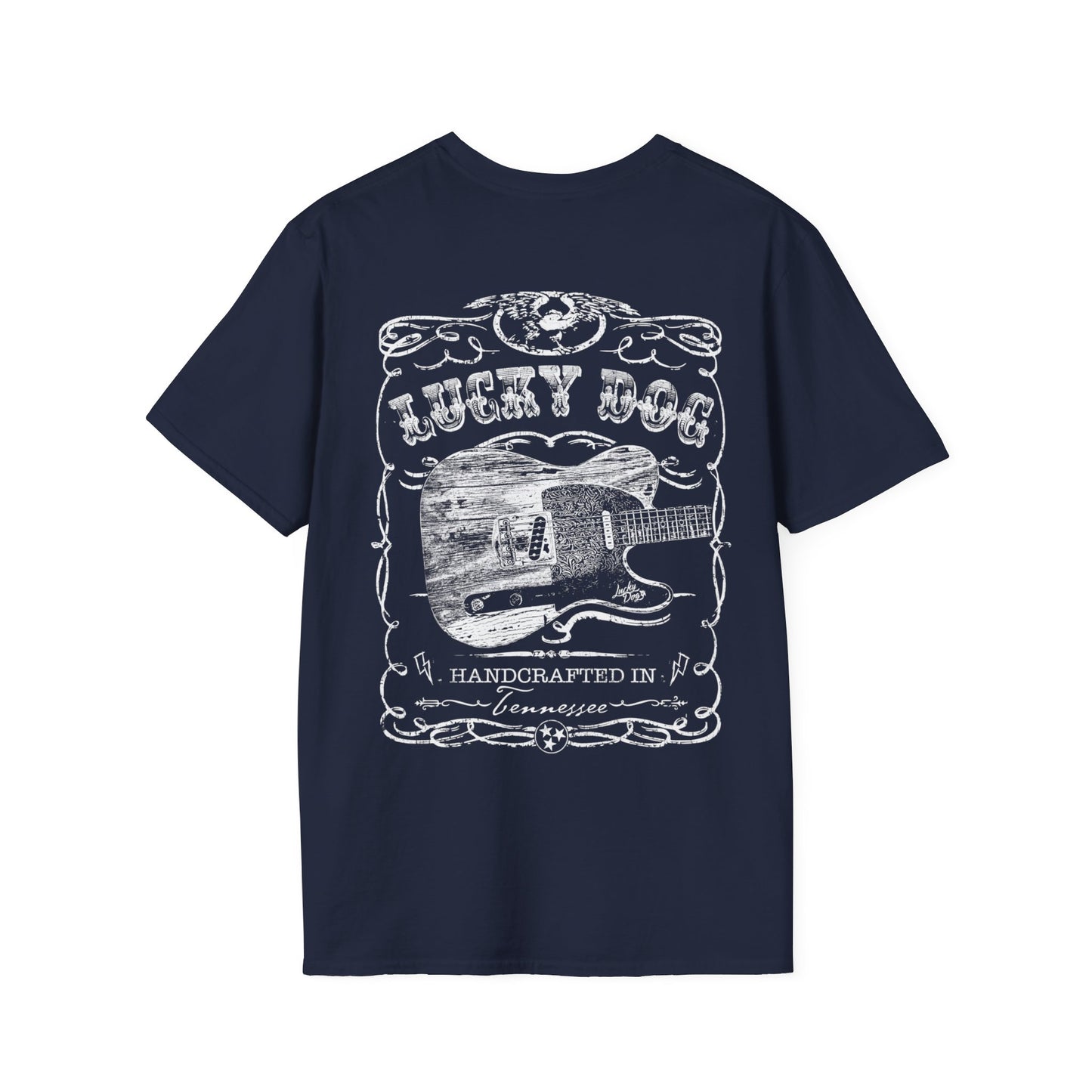Australia Buyers only - Lucky Dog Custom Guitars Eagle Label T-shirt black Guitar Telecaster Lightning Greaser Rock-n-Roll USA Nashville