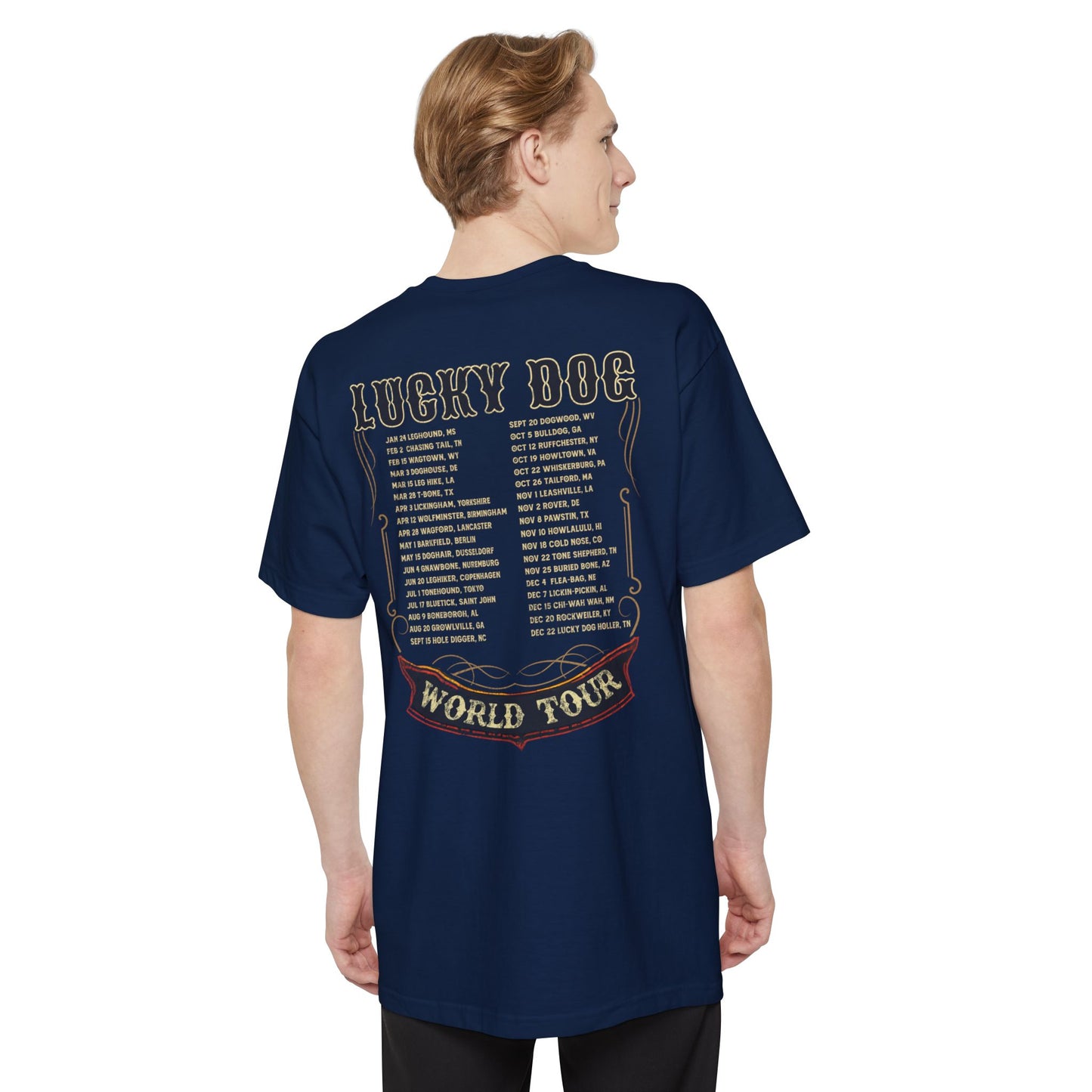 BIG & TALL Lucky Dog World Tour 2024 T-Shirt - Front and Back print 80's Rock Concert Dates Vintage Retro style USA