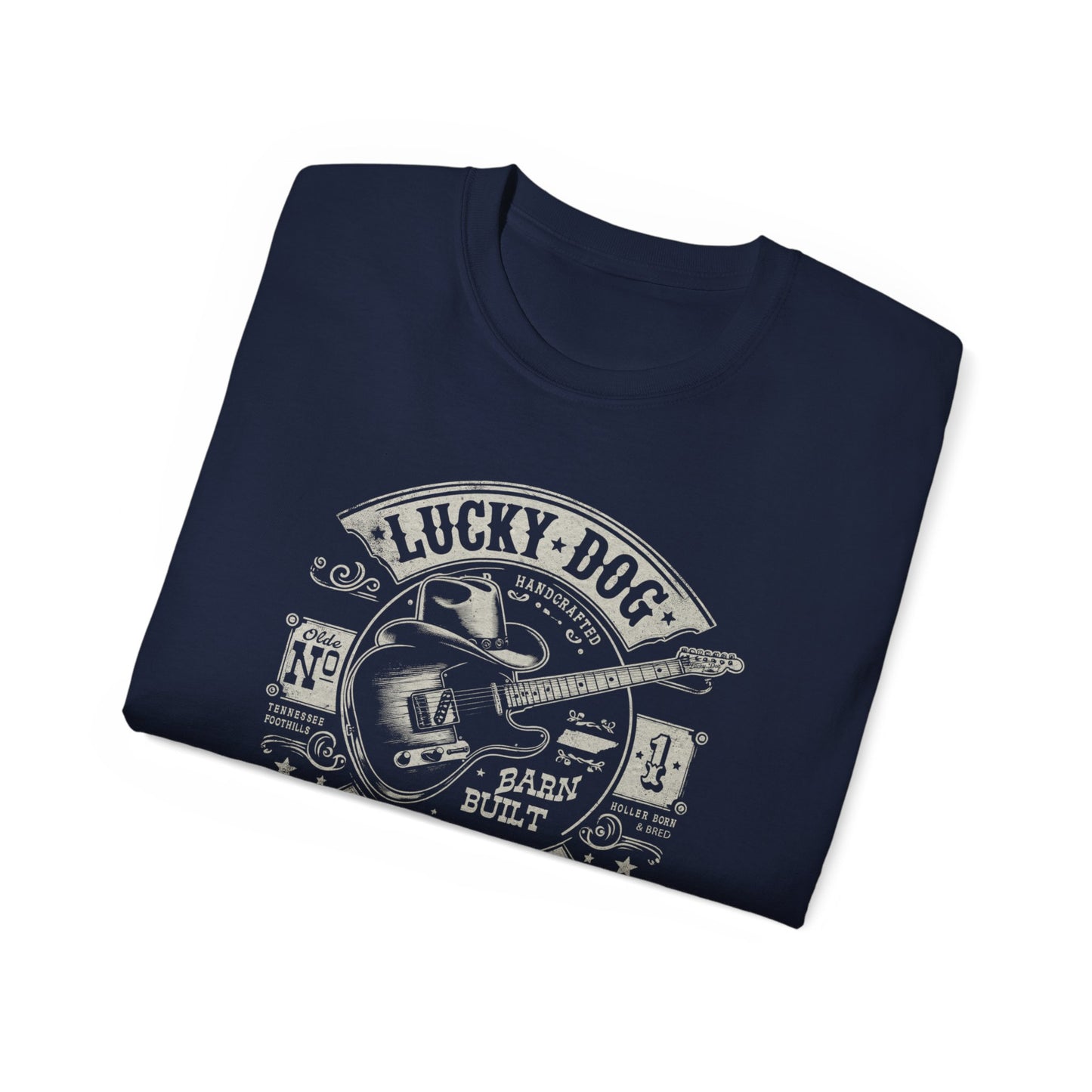 Lucky Dog Guitars - Barn Built Holler Born Bred Country music Tennessee T-shirt Mountain Charger vintage Outlaw Guitars Waylon USA