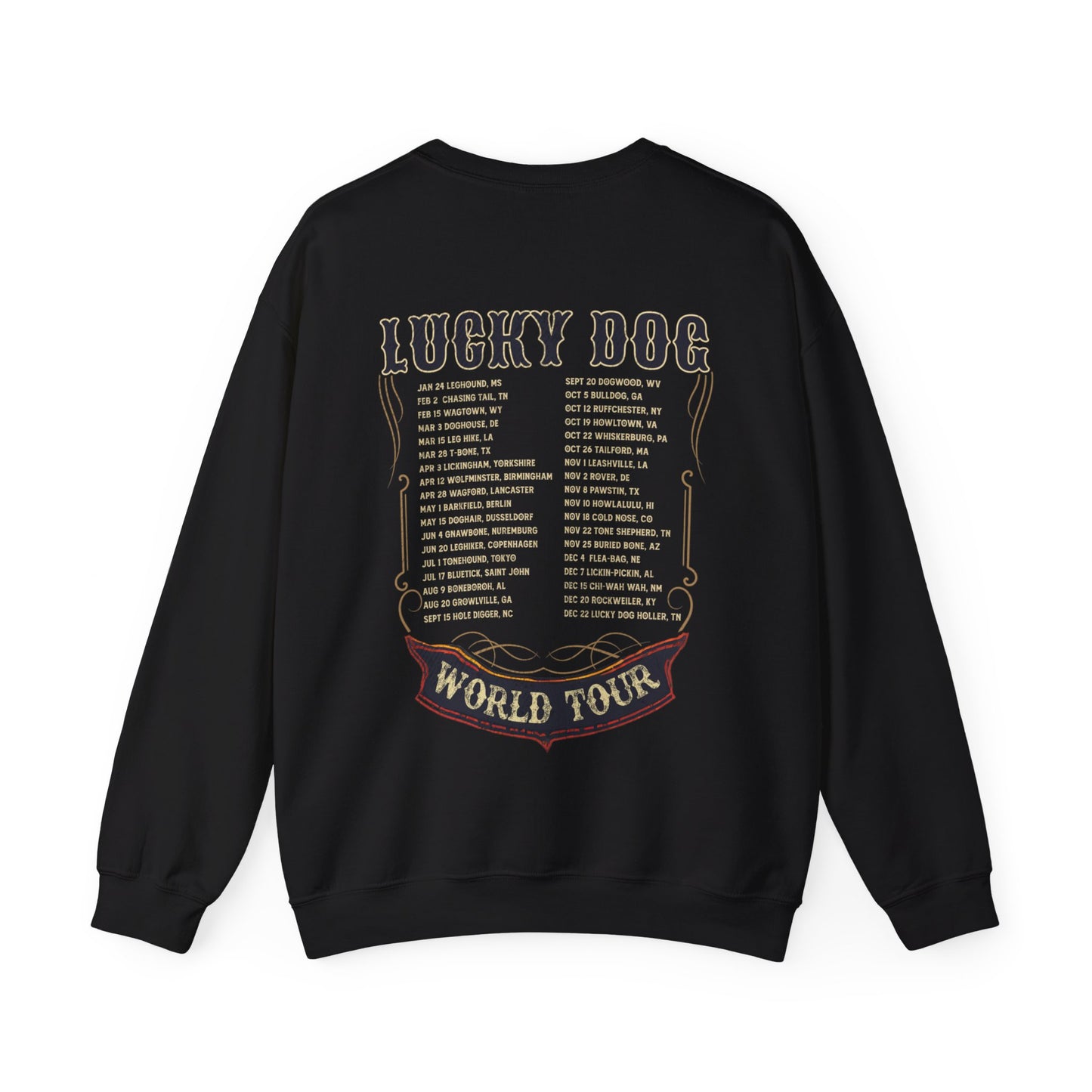 Lucky Dog Guitars Dog Sweatshirt "World Tour 2024" - Heavy blend crewneck. Tennessee America Guitar Company Country Music USA