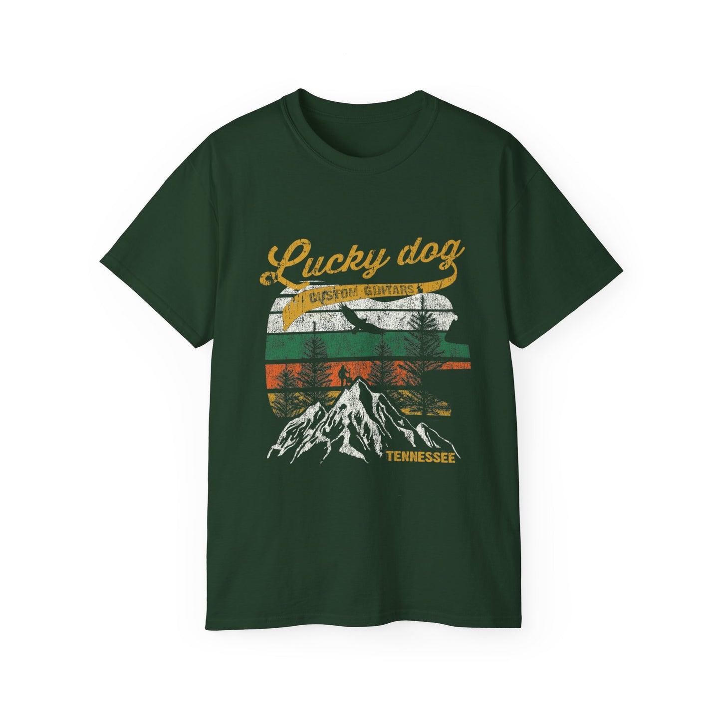 Lucky Dog 2020 (FRONT PRINT) Foothills Mountain Man Guitars Retro T-shirt Custom Guitar Tennessee USA
