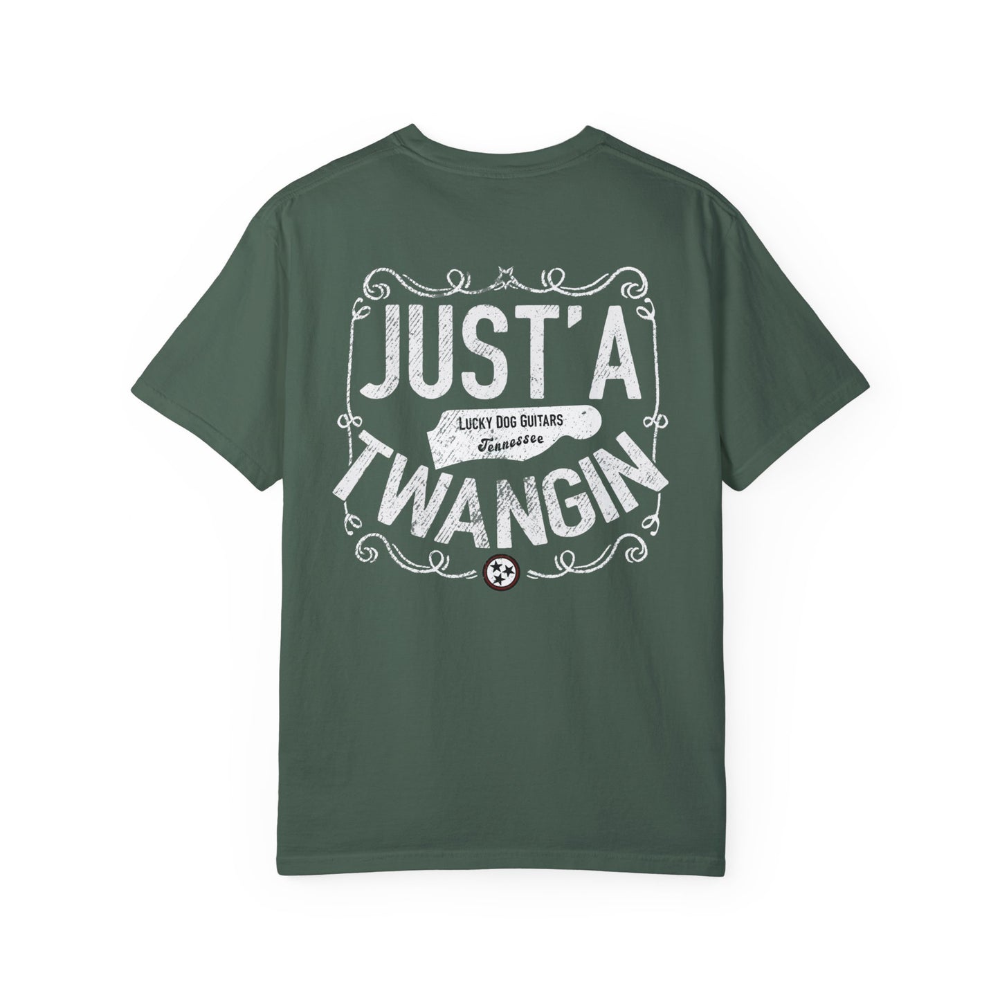 PREMIUM Comfort Colors Lucky Dog Guitars Just'a Twangin T-shirt Tennessee Custom Band Foothills Country Music BigFoot Bluegrass USA