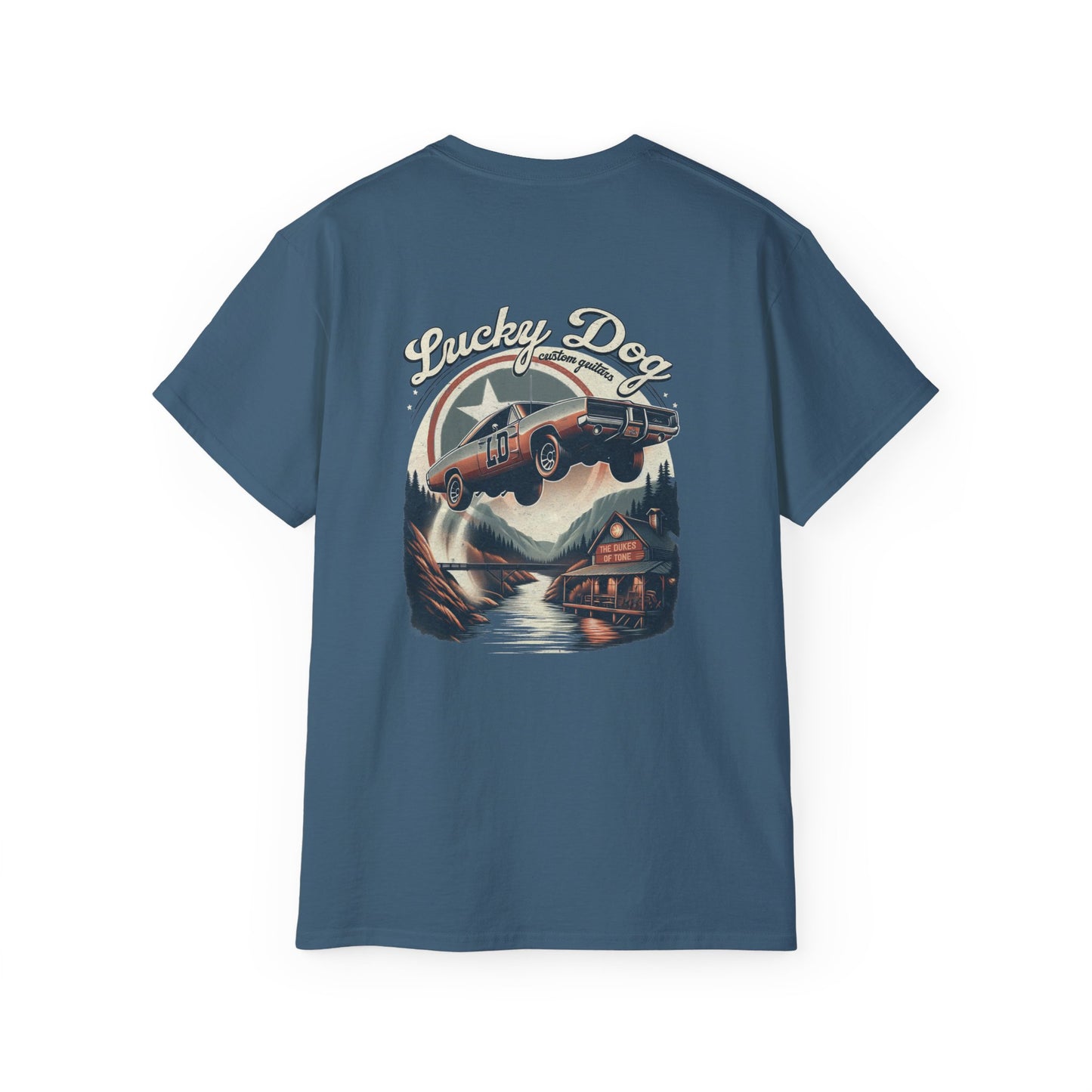 BACK PRINT Lucky Dog Guitars - Dukes of Tone Country music Tennessee T-shirt Mountain Charger vintage General Lee truck hotrod Waylon USA