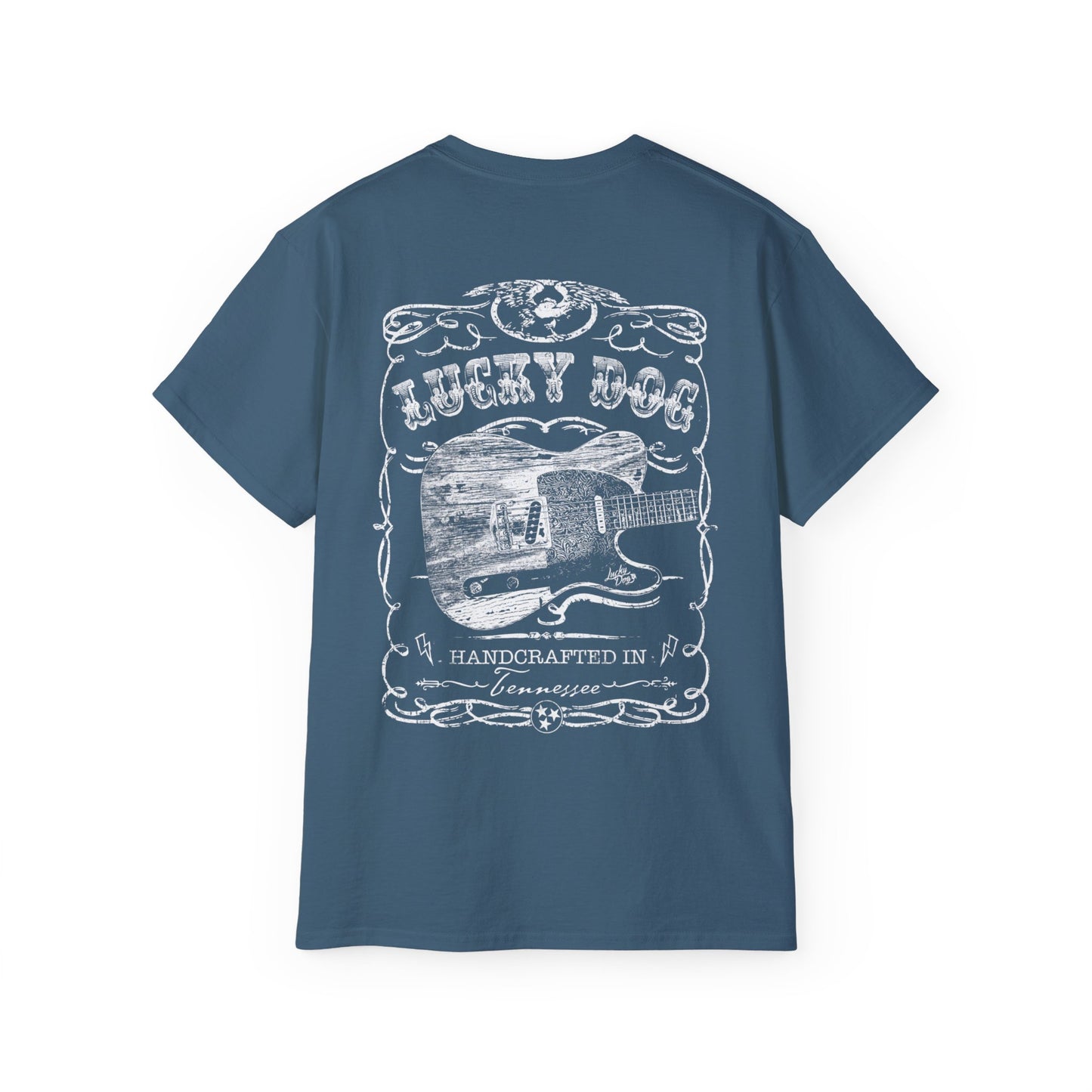 UK Buyers only - Lucky Dog Custom Guitars Eagle Label T-shirt black Guitar Telecaster Lightning Greaser Rock-n-Roll flag USA Nashville