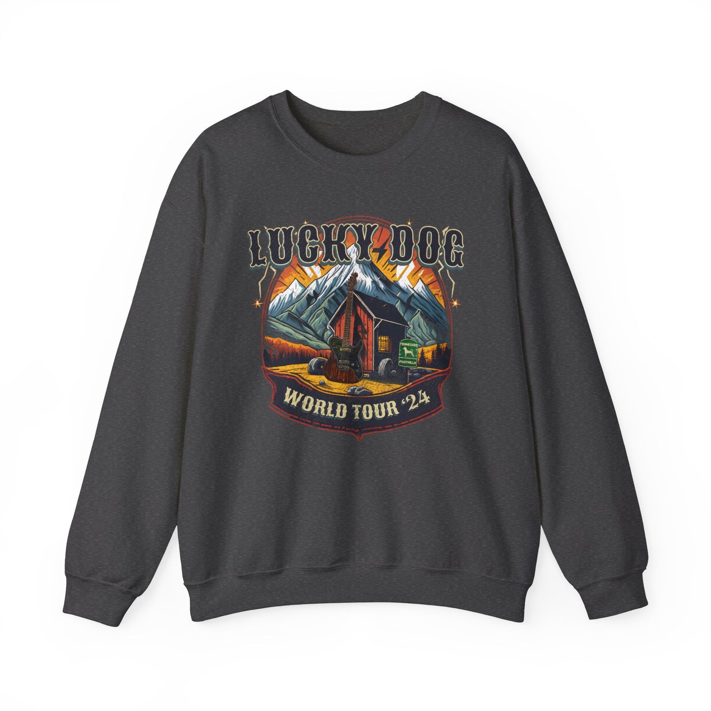 Lucky Dog Guitars Dog Sweatshirt "World Tour 2024" - Heavy blend crewneck. Tennessee America Guitar Company Country Music USA