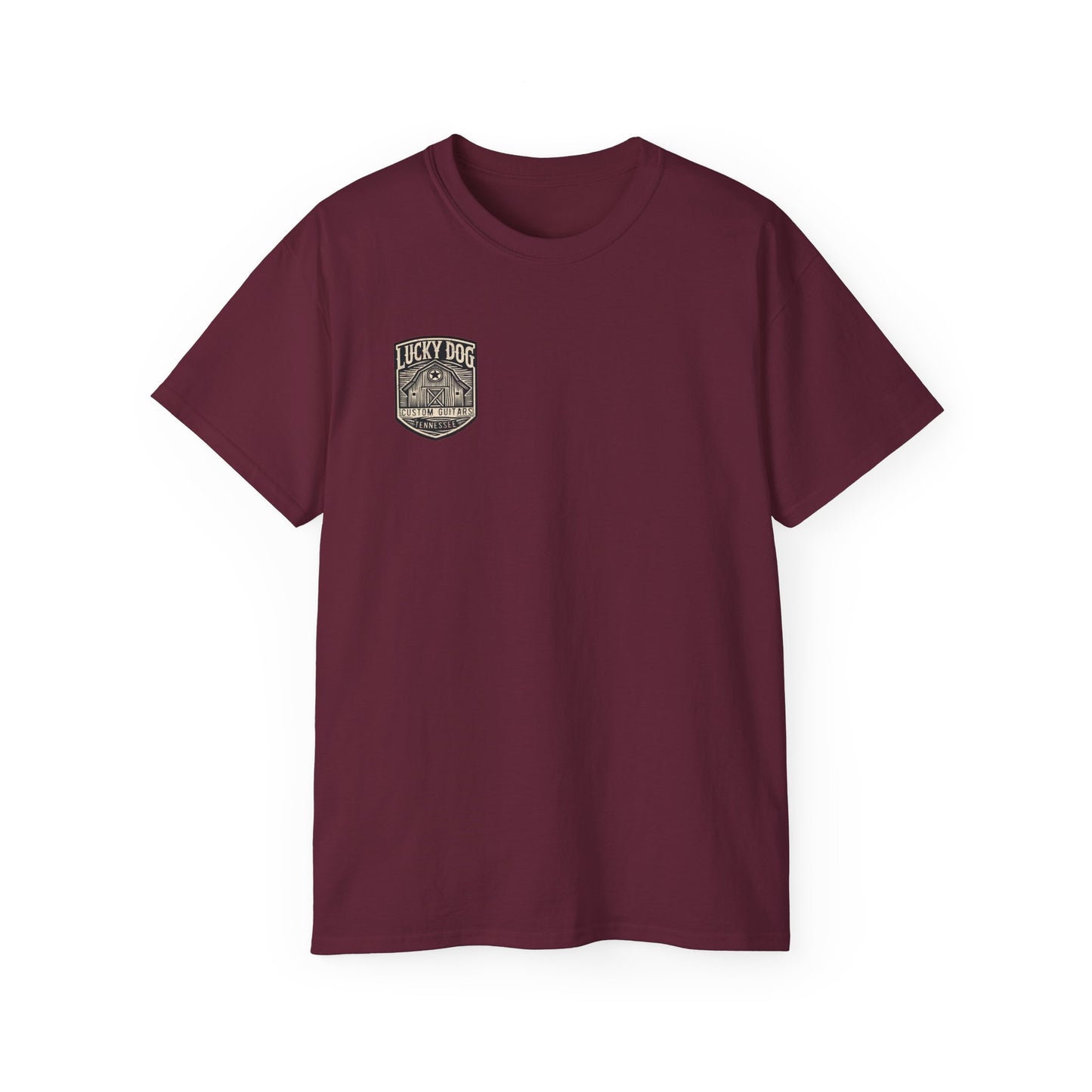 Lucky Dog Guitars "Barn Built" Tennessee T-shirt Mountain Hollow moon outdoors vintage Ford pickup truck custom guitar USA